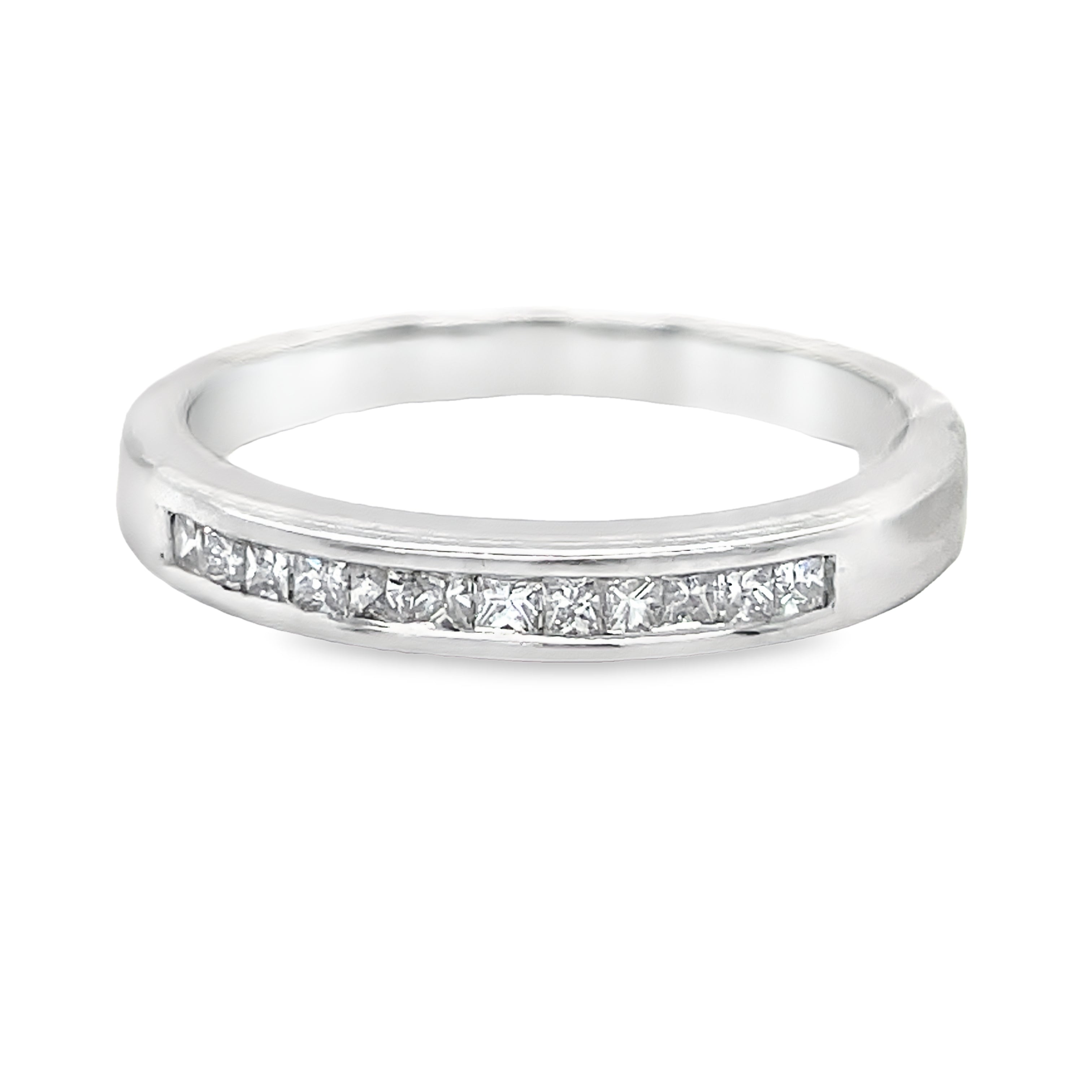 This stunning Princess Cut Anniversary Diamond Band features a sparkling 0.30 carat princess cut diamond set in enduring 14k white gold. With its elegant channel setting, this band is both classic and timeless, making it the perfect symbol of everlasting love and commitment.