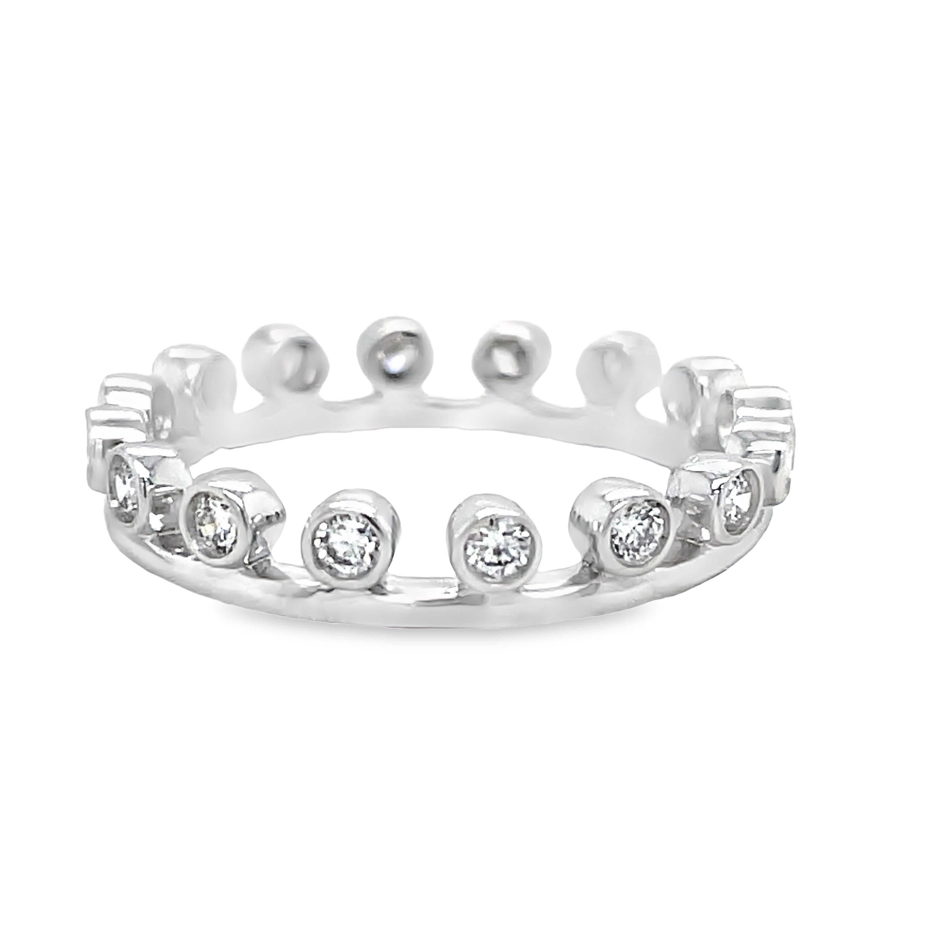 Adorn yourself in shimmer and sparkle with this stunning diamond accent crown eternity ring! Featuring 0.37 carats of bezel-set diamonds in a 14k&nbsp;white gold mounting, this gorgeous piece is size 6 and easy to stack with other rings.
