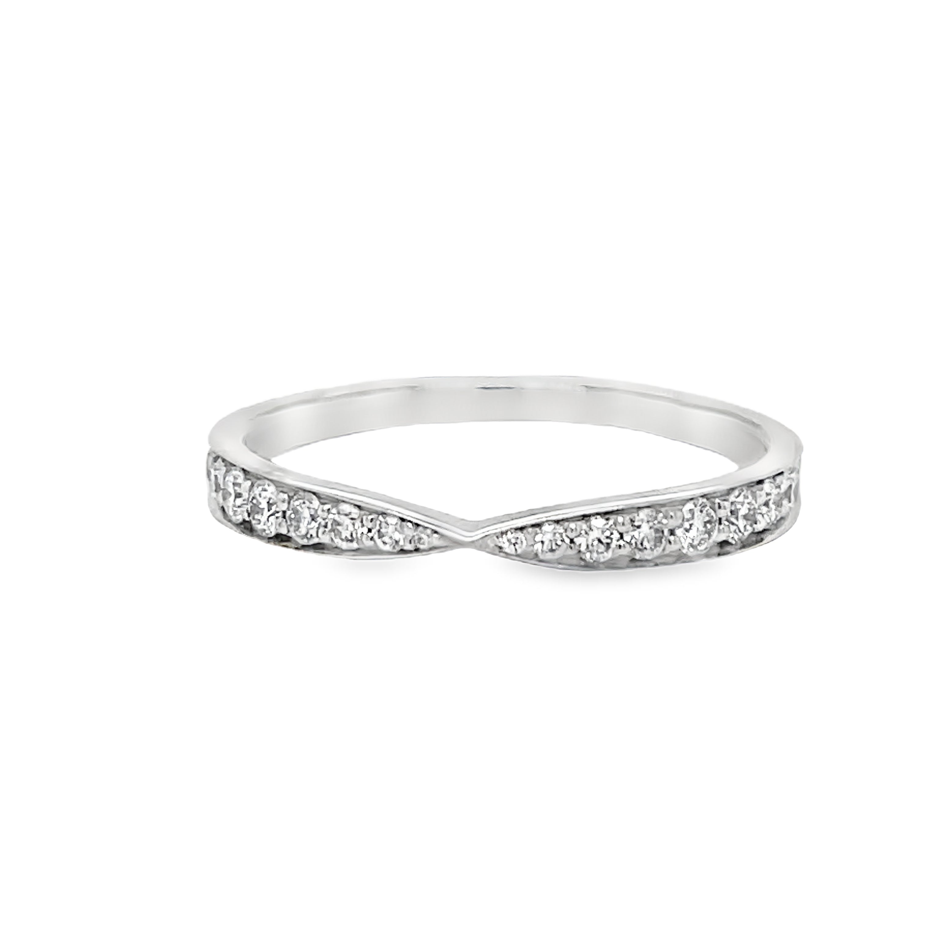 This stunning Estate Tiffany and Co. Diamond Wedding Band features a unique v-shape design adorned with brilliant round diamonds. Crafted from luxurious platinum, this band is an elegant and exclusive choice for your special day. Add a touch of sophistication and luxury to your wedding ensemble with this one-of-a-kind piece from Tiffany and Co.