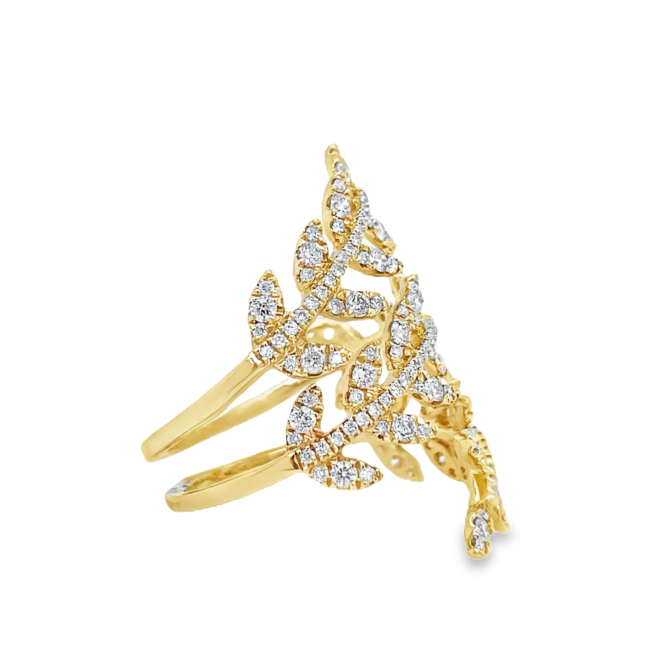 levate your style with this modern wrap around diamond leaf motif ring. Set in 18k yellow gold, the stunning round diamonds totaling 0.87 cts sparkle with color F/G and clarity VS1. The three row design adds an elegant touch to this luxurious and exclusive piece.