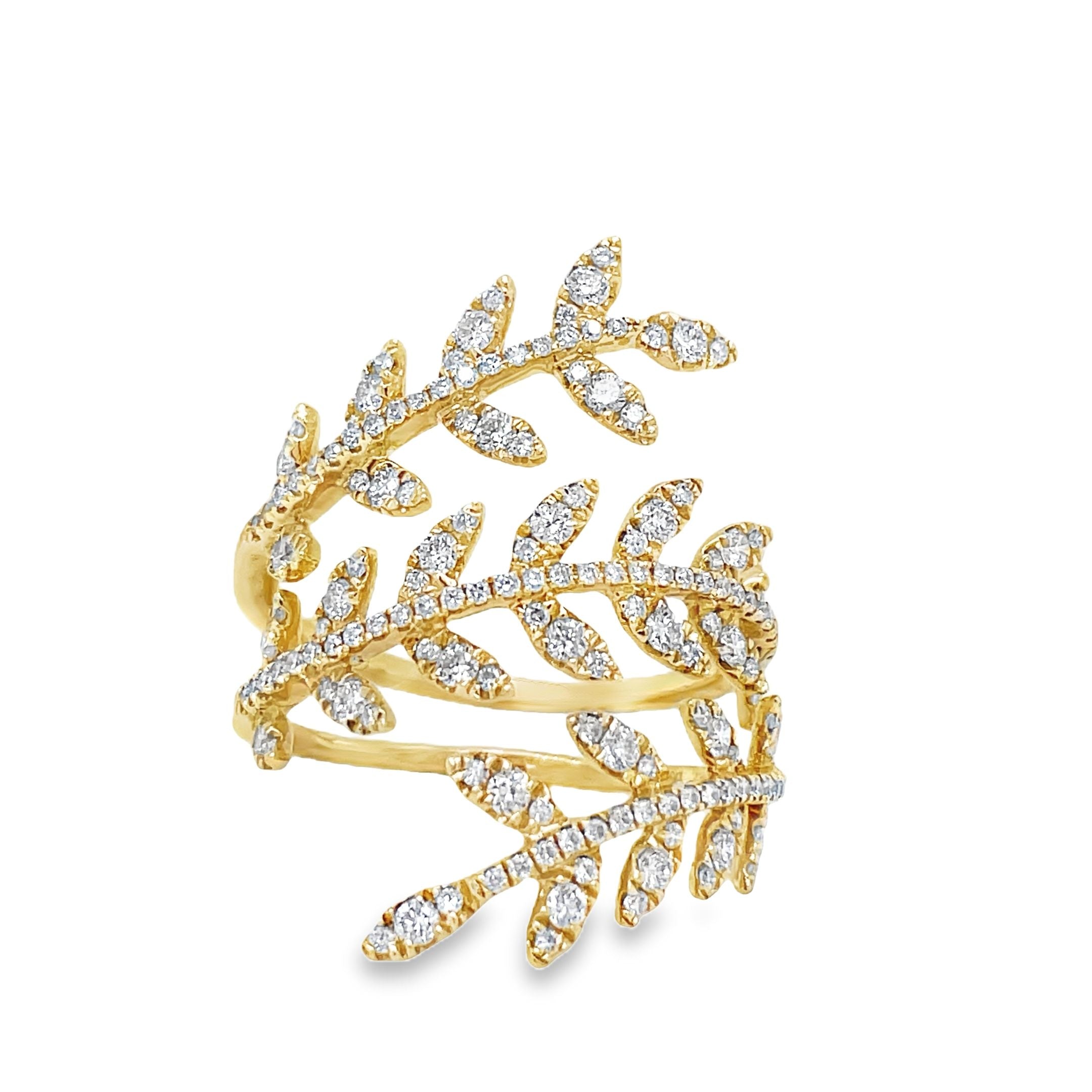 levate your style with this modern wrap around diamond leaf motif ring. Set in 18k yellow gold, the stunning round diamonds totaling 0.87 cts sparkle with color F/G and clarity VS1. The three row design adds an elegant touch to this luxurious and exclusive piece.