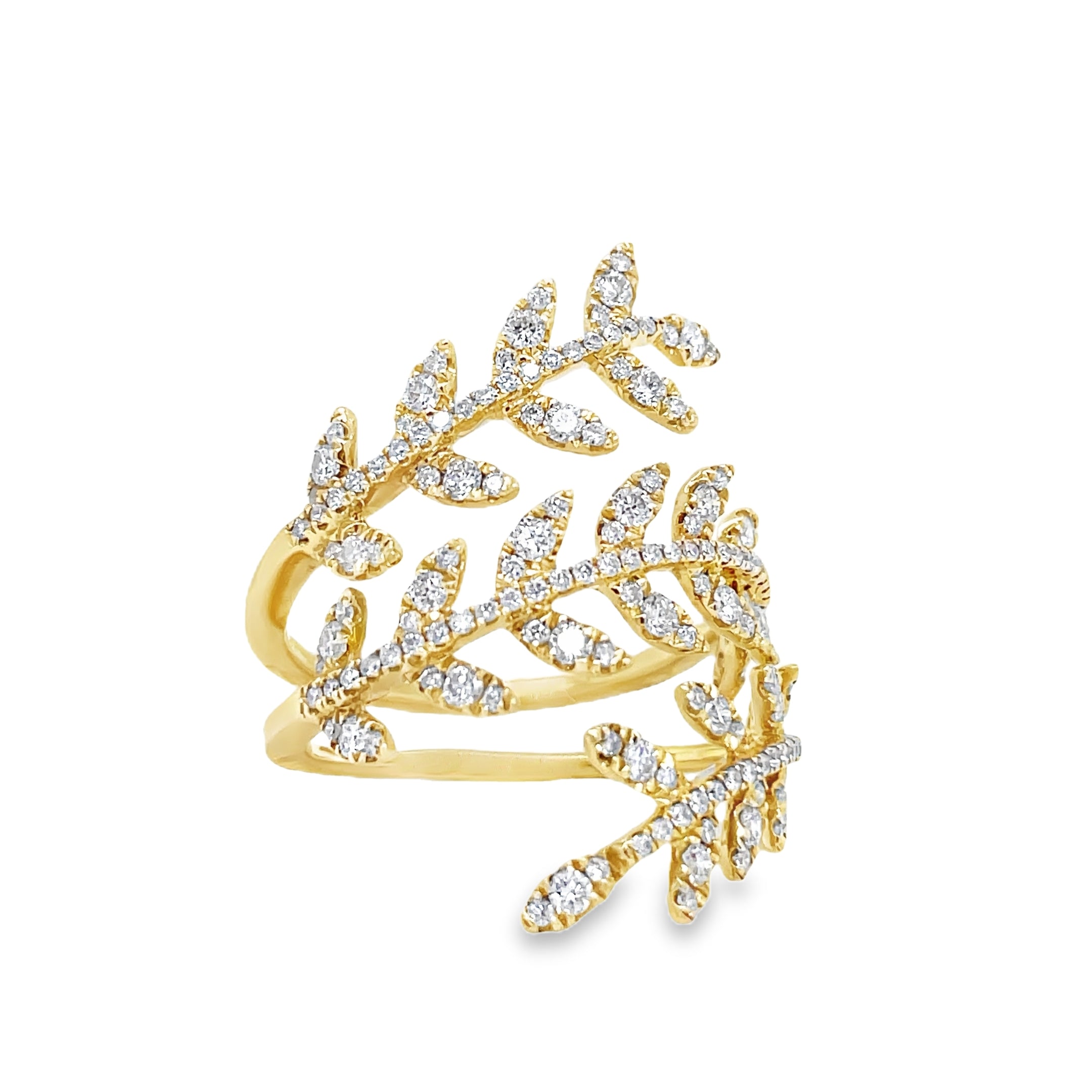 levate your style with this modern wrap around diamond leaf motif ring. Set in 18k yellow gold, the stunning round diamonds totaling 0.87 cts sparkle with color F/G and clarity VS1. The three row design adds an elegant touch to this luxurious and exclusive piece.