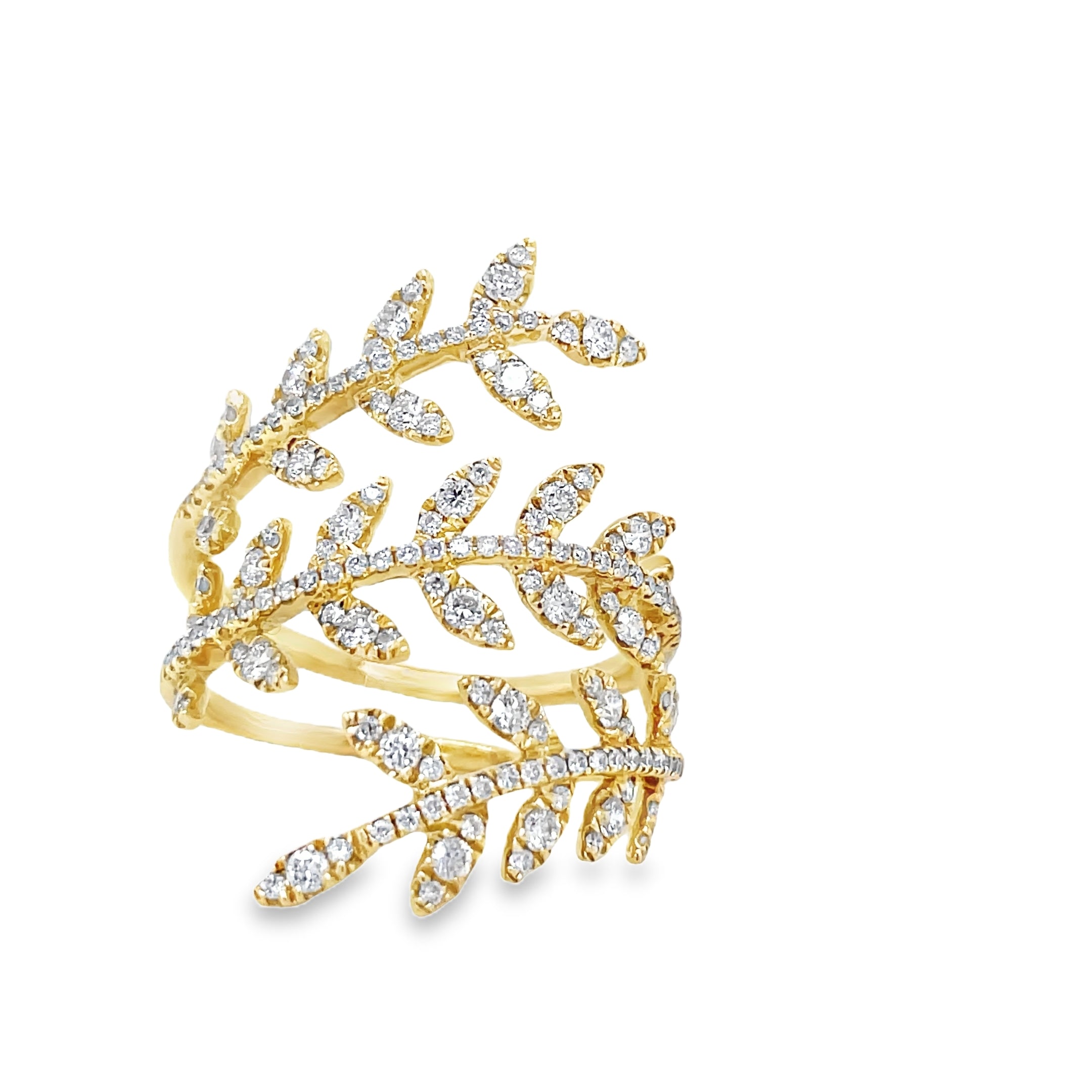 levate your style with this modern wrap around diamond leaf motif ring. Set in 18k yellow gold, the stunning round diamonds totaling 0.87 cts sparkle with color F/G and clarity VS1. The three row design adds an elegant touch to this luxurious and exclusive piece.