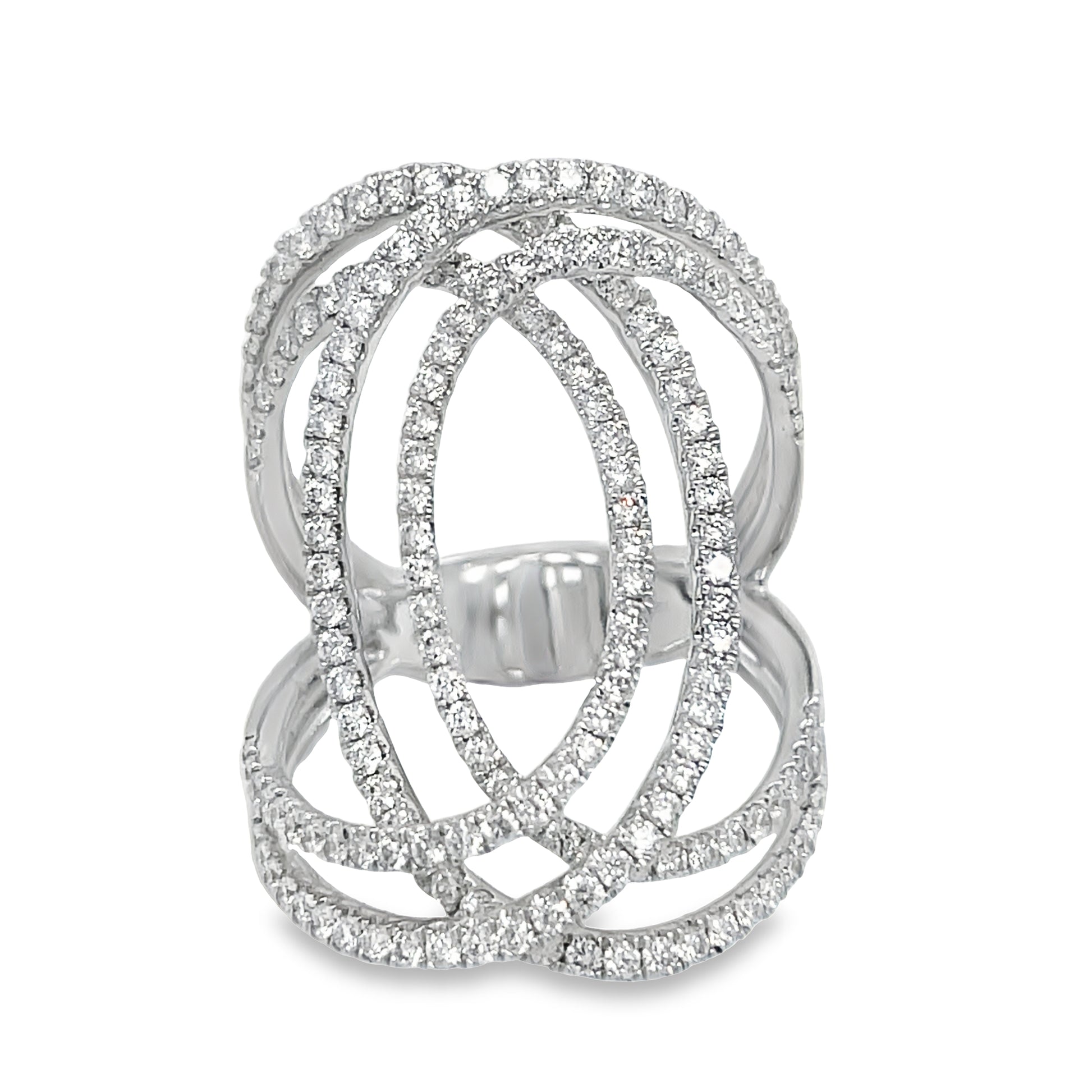 Front view of 18k White Gold Double Circle Wide Diamond Fashion Ring