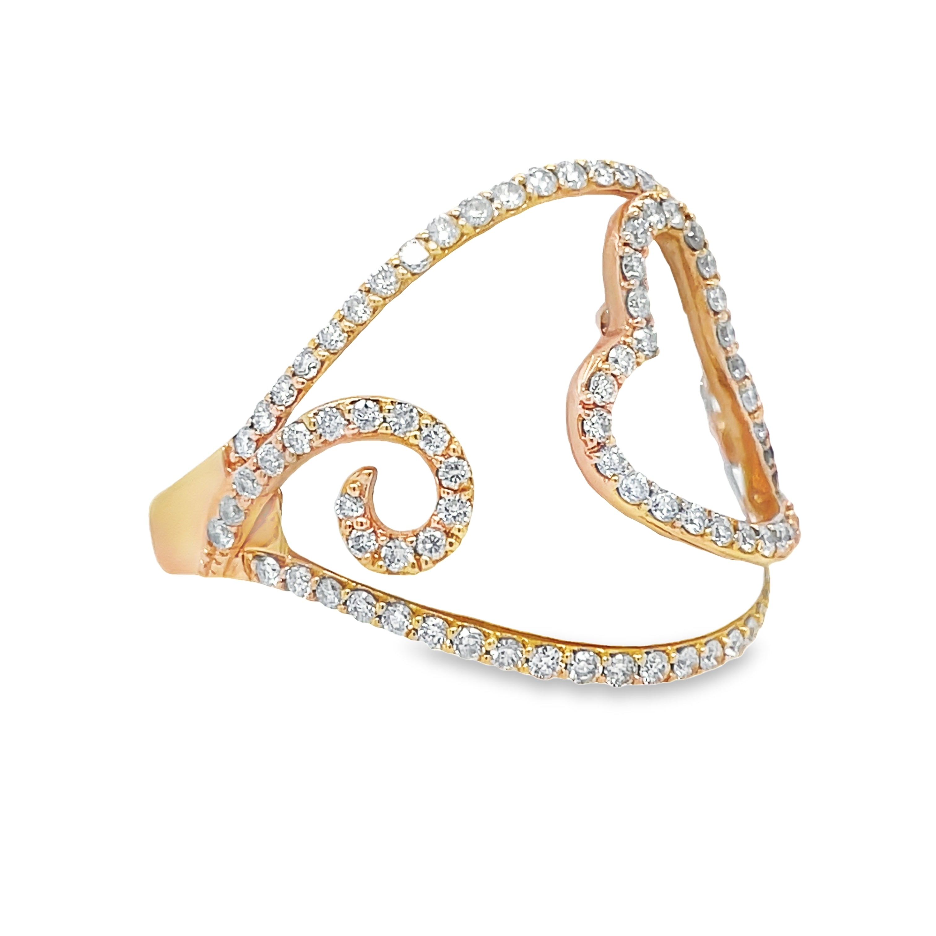 This 18K rose gold ring boasts a stunning heart cut out design and features 0.78 carats of round diamonds and a white agate stone. With a wide front measuring 19.00 mm and a tapered style, this ring is both elegant and unique. Elevate any outfit with this luxurious piece.