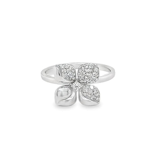 18K Four Petal Diamond Flower Ring Front view