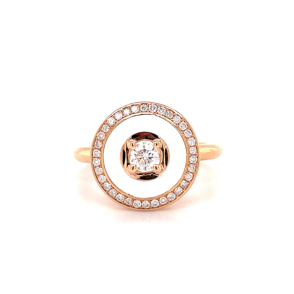 14k Rose Gold Diamond Beze & White Enamel Ring