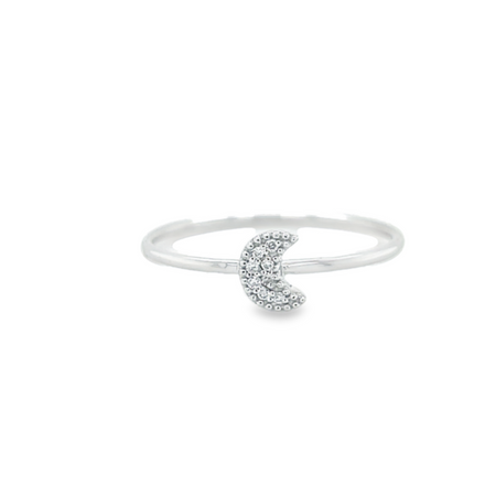 This stunning 18k white gold crescent moon ring features dainty round diamonds weighing 0.02 cts for a subtle sparkle. This elegant piece is the perfect accessory for any occasion.