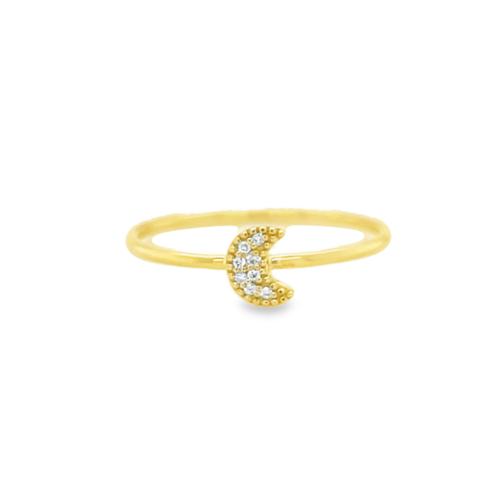 This stunning 18k yellow gold crescent moon ring features dainty round diamonds weighing 0.02 cts for a subtle sparkle. This elegant piece is the perfect accessory for any occasion.