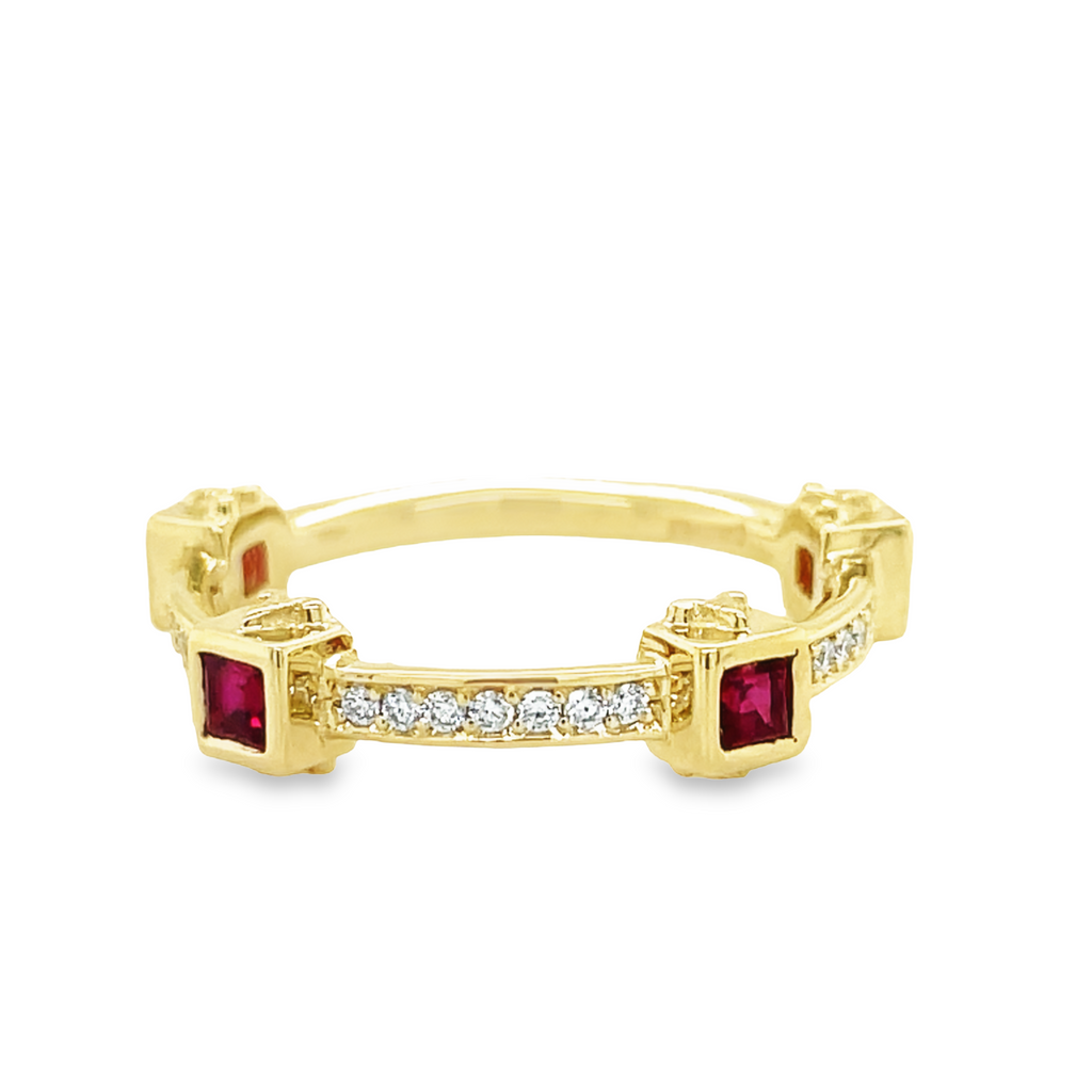This 14k yellow gold ring features four sparkling rubies, weighing 0.64 carats, arranged in a diamond-shaped pattern to represent the cardinal points. Surrounding the rubies are round diamonds, weighing 0.14 carats, for a brilliant display of sparkle and shine. The perfect accessory for any special occasion.