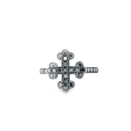 A sophisticated and bold accessory, the Black Diamond Cross Ring is crafted in 18k white gold and features a unique black rhodium design. Set with 0.63cts of elegant black diamonds, this stylish ring adds a creative touch to any ensemble.
