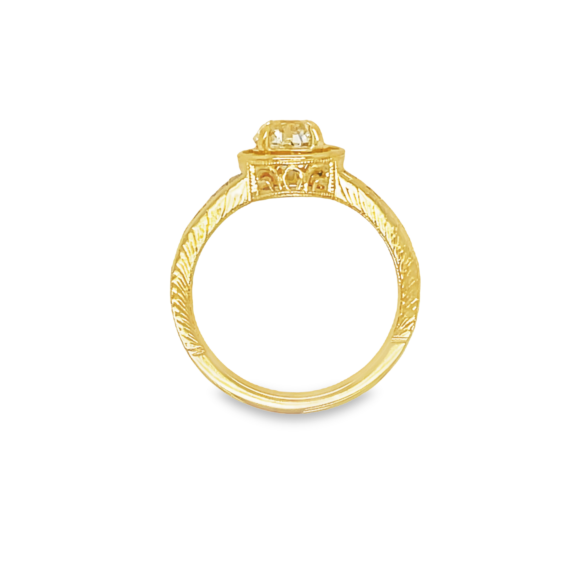 Top view of 14k Yellow Gold Art Deco Solitaire Diamond & Sapphire Ring