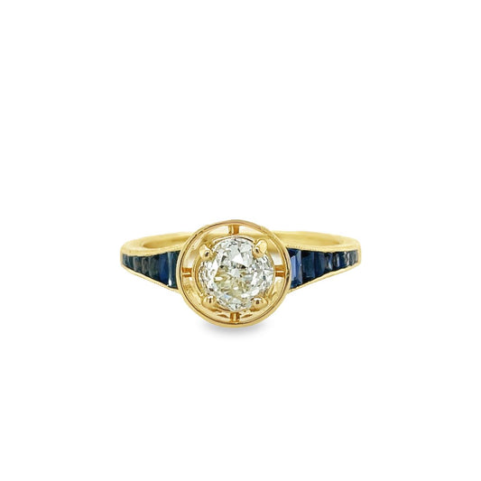 Front view of 14k Yellow Gold Art Deco Solitaire Diamond & Sapphire Ring