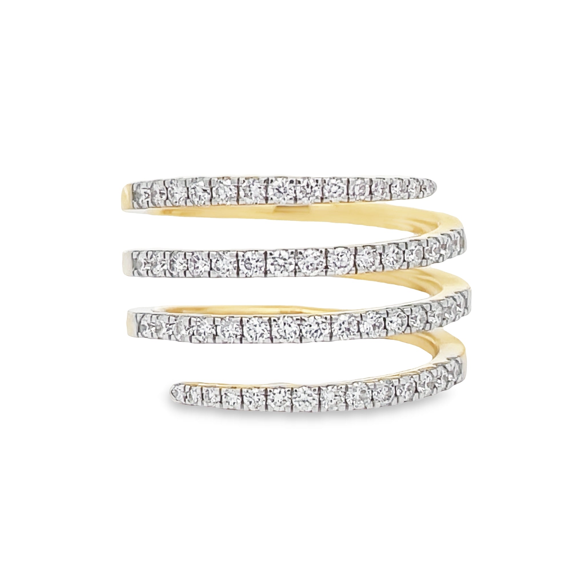Showcasing four level wrap around with 0.76 cts of sparkling round diamonds, this stunning 14k Yellow Gold ring is a true showstopper. Treat yourself or someone special to this exceptional piece of timeless elegance and beauty!  .