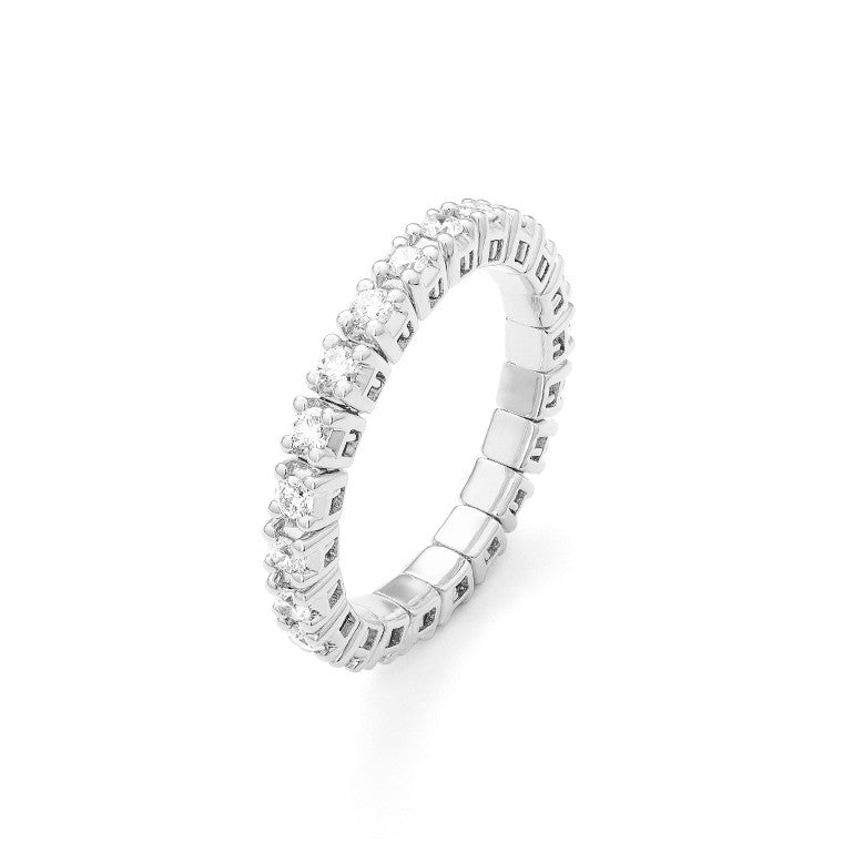 This luxurious Stretchable Diamond Eternity Band is crafted from 14k white gold to provide superior endurance and comfort. Featuring 0.68 ct of H color, SI1 clarity round diamonds set in 14k white gold with a prong setting, this ring makes a sophisticated statement. 