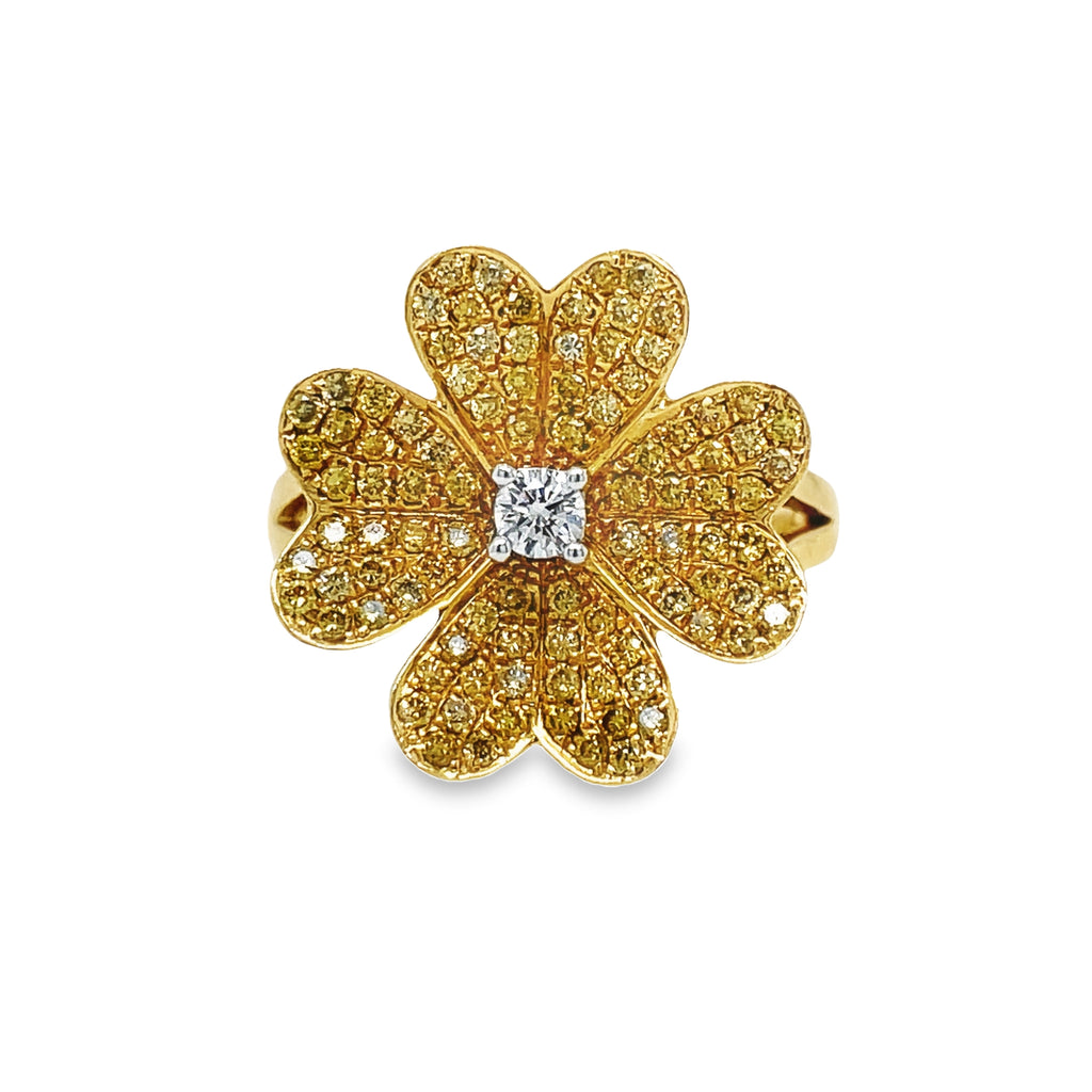"Extravagant yet elegant, our Yellow Diamond Flower Ring Finish will take your breath away. Crafted with 18k yellow gold, this stunning ring features 0.59 carats of sparkling round yellow diamonds and a single white round diamond. Enhance any outfit with this luxurious piece that exudes sophistication and grace."