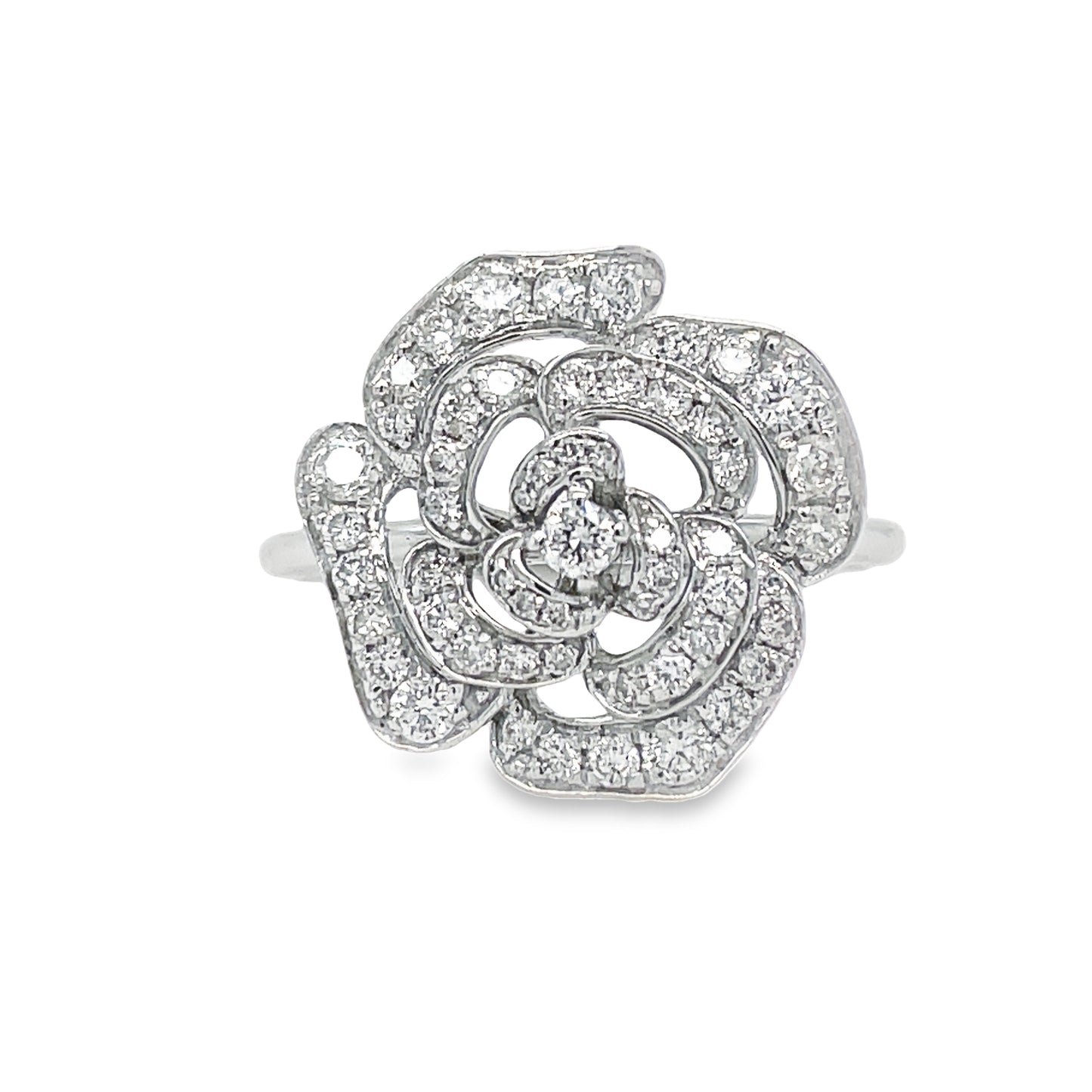 Front view of  18K White Gold Diamond Flower Ring
