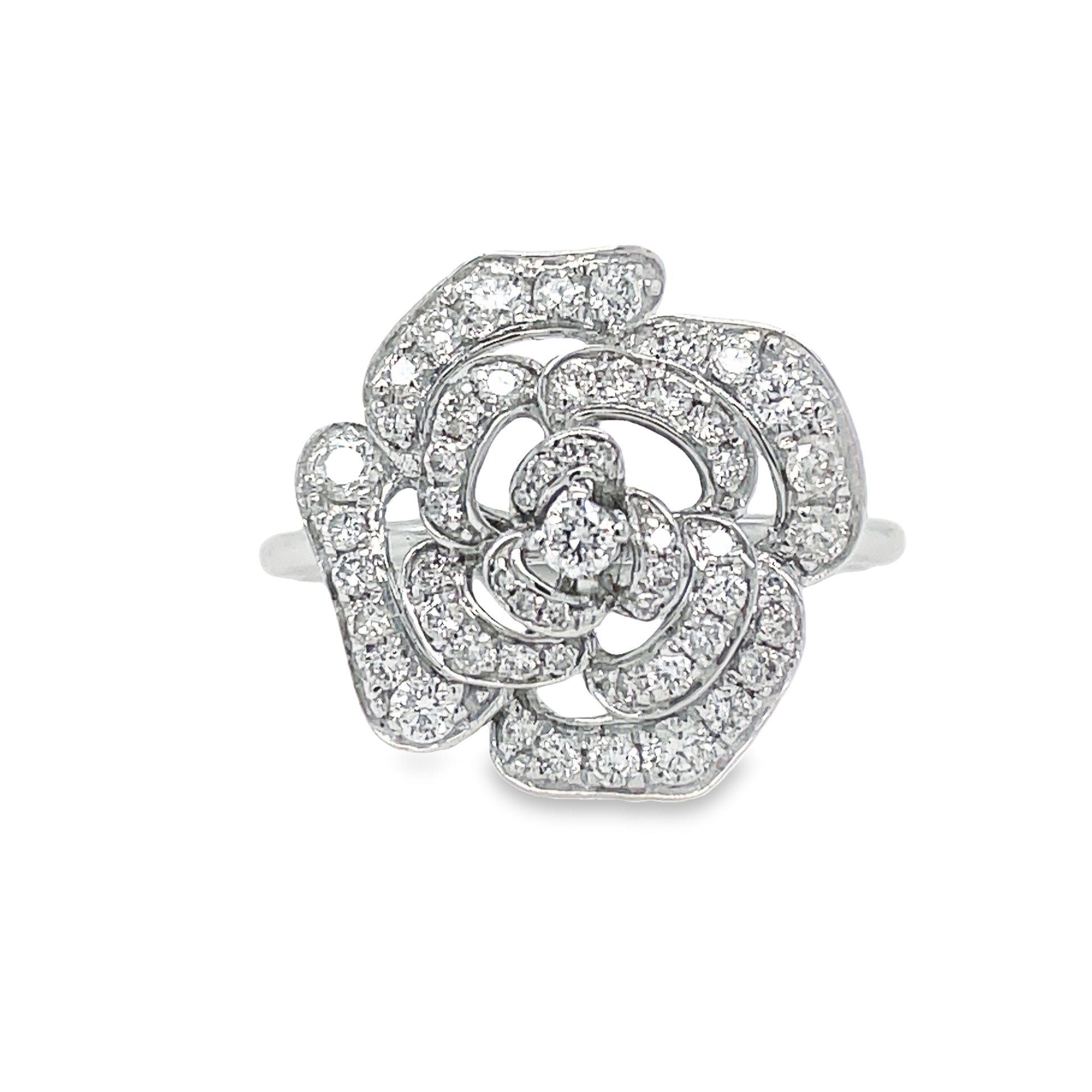 Front view of  18K White Gold Diamond Flower Ring