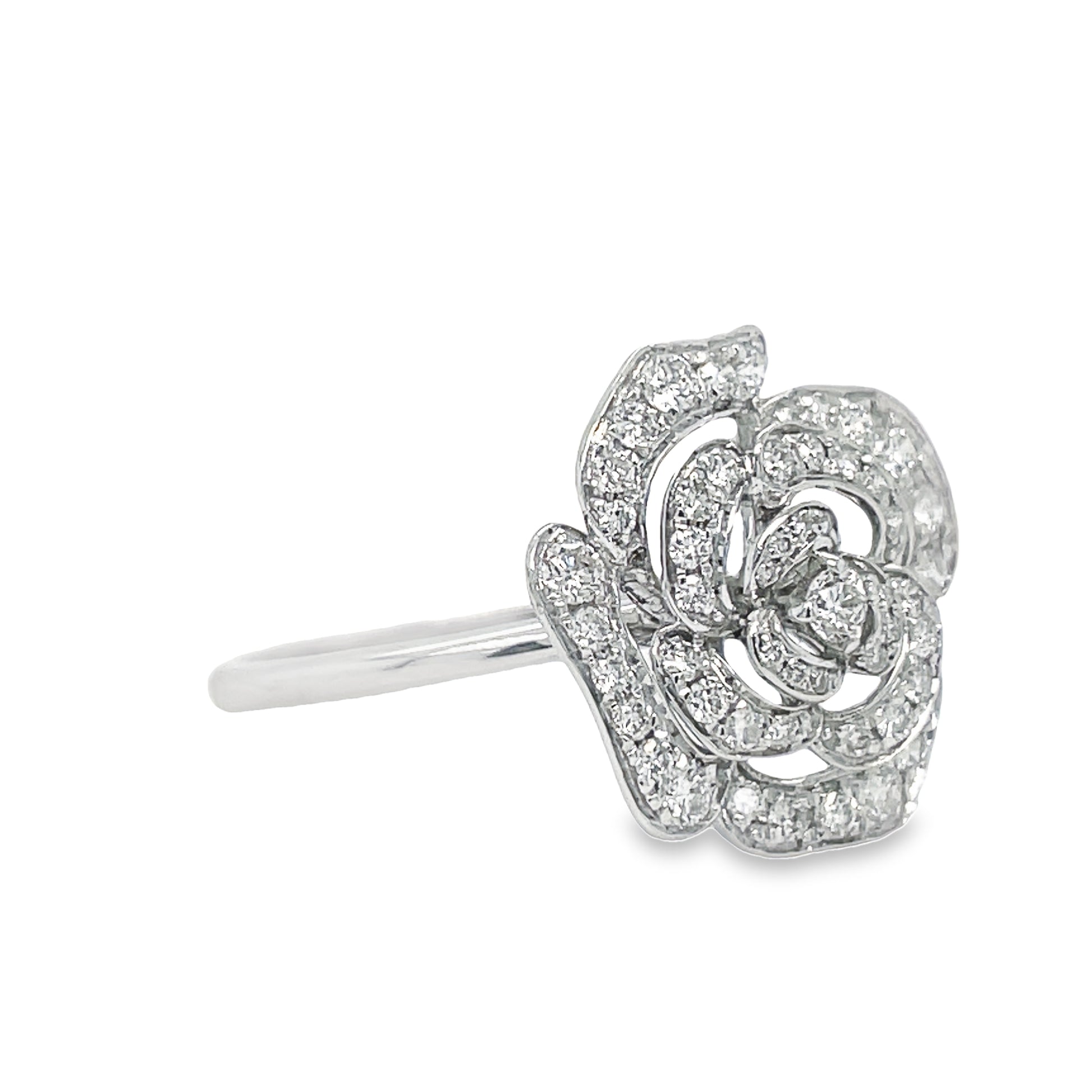 Side view of 18K White Gold Diamond Flower Ring