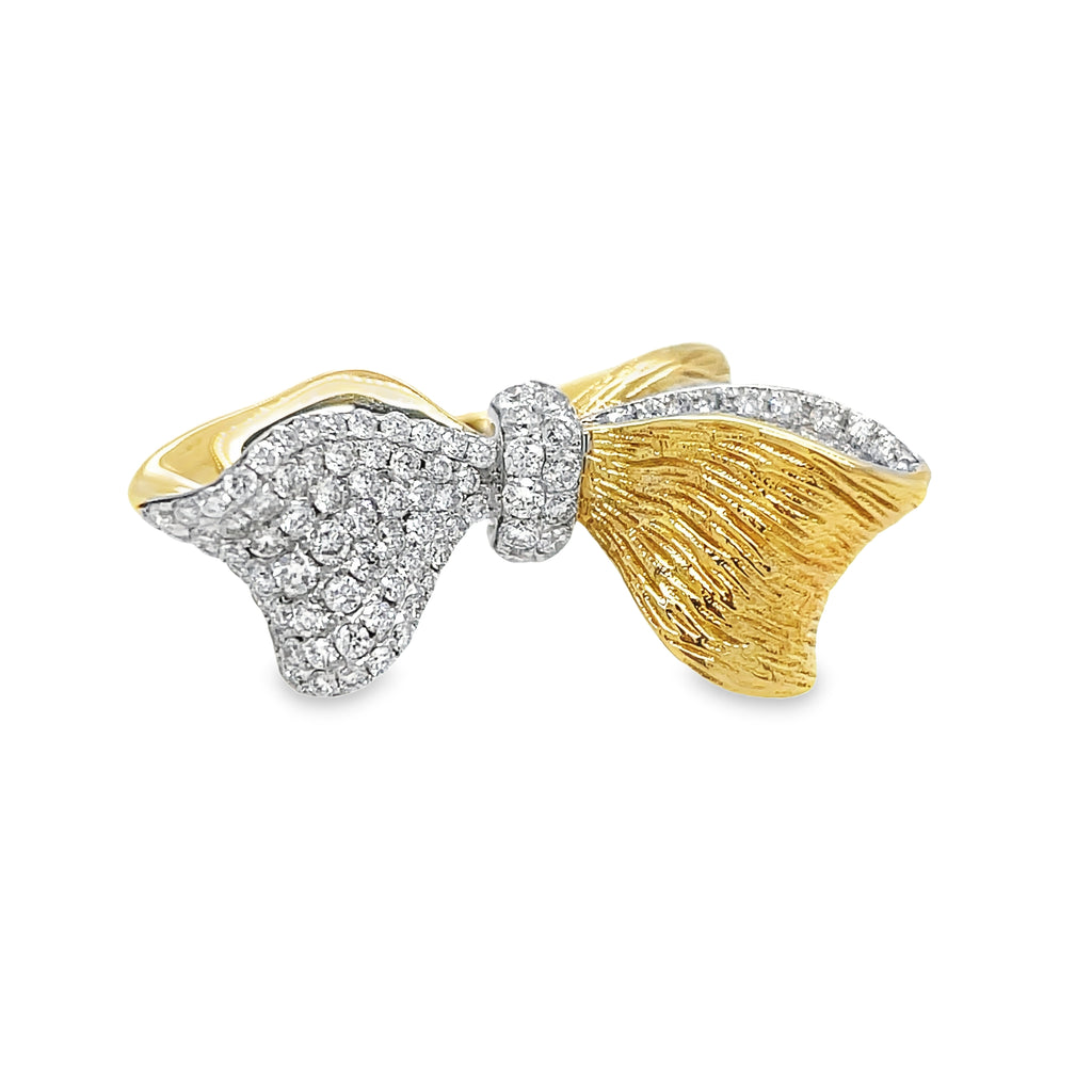 Take her breath away with this stunning 18K Yellow Gold Diamond Bow Ring. Crafted from 18k yellow gold, this ring showcases a bow design encrusted with sparkling round diamonds totaling 0.66 cts. The matte finish adds a touch of elegance, making this ring the perfect gift for any occasion.   