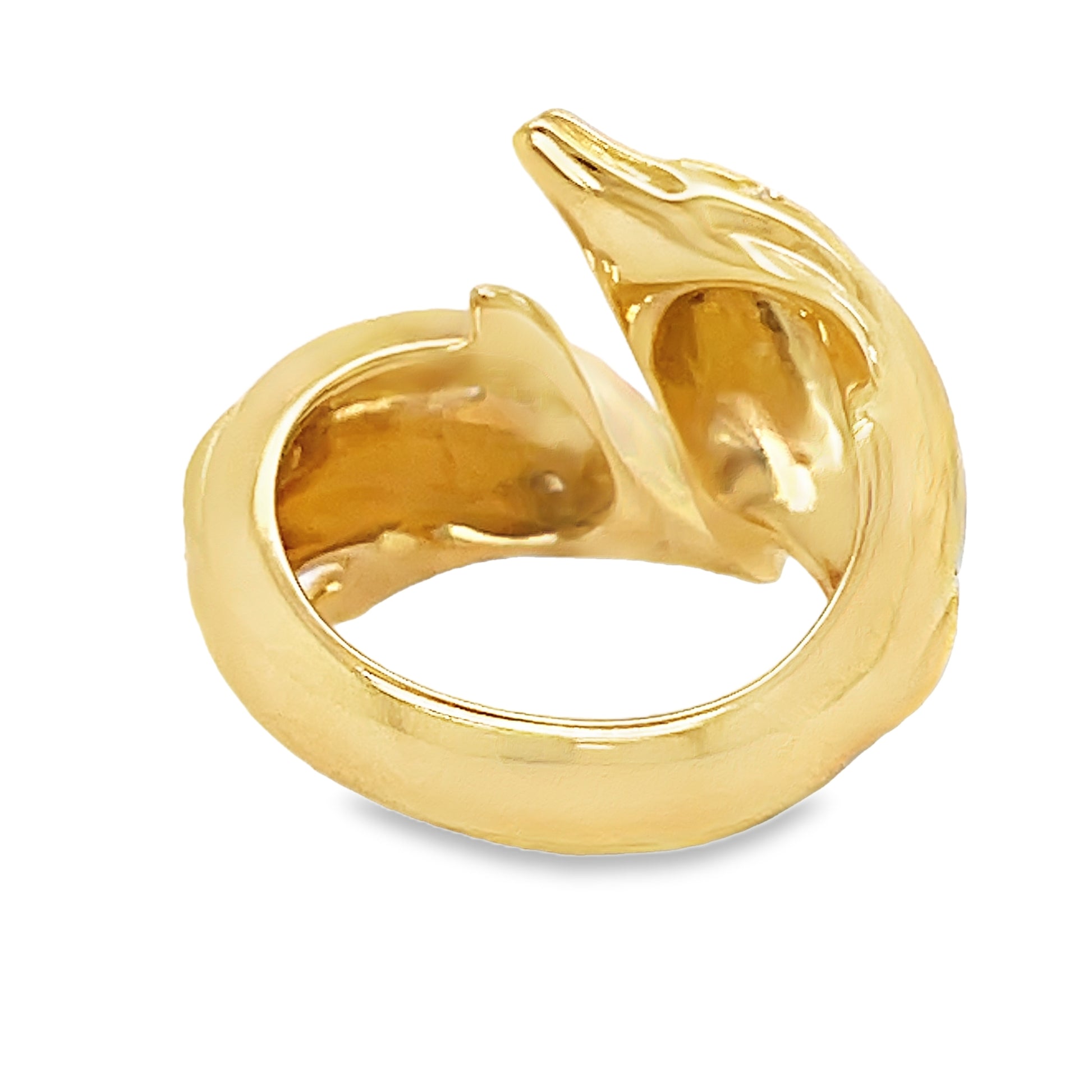 18K Italian Made Large Double Diamond Gold Dolphin Ring Back View