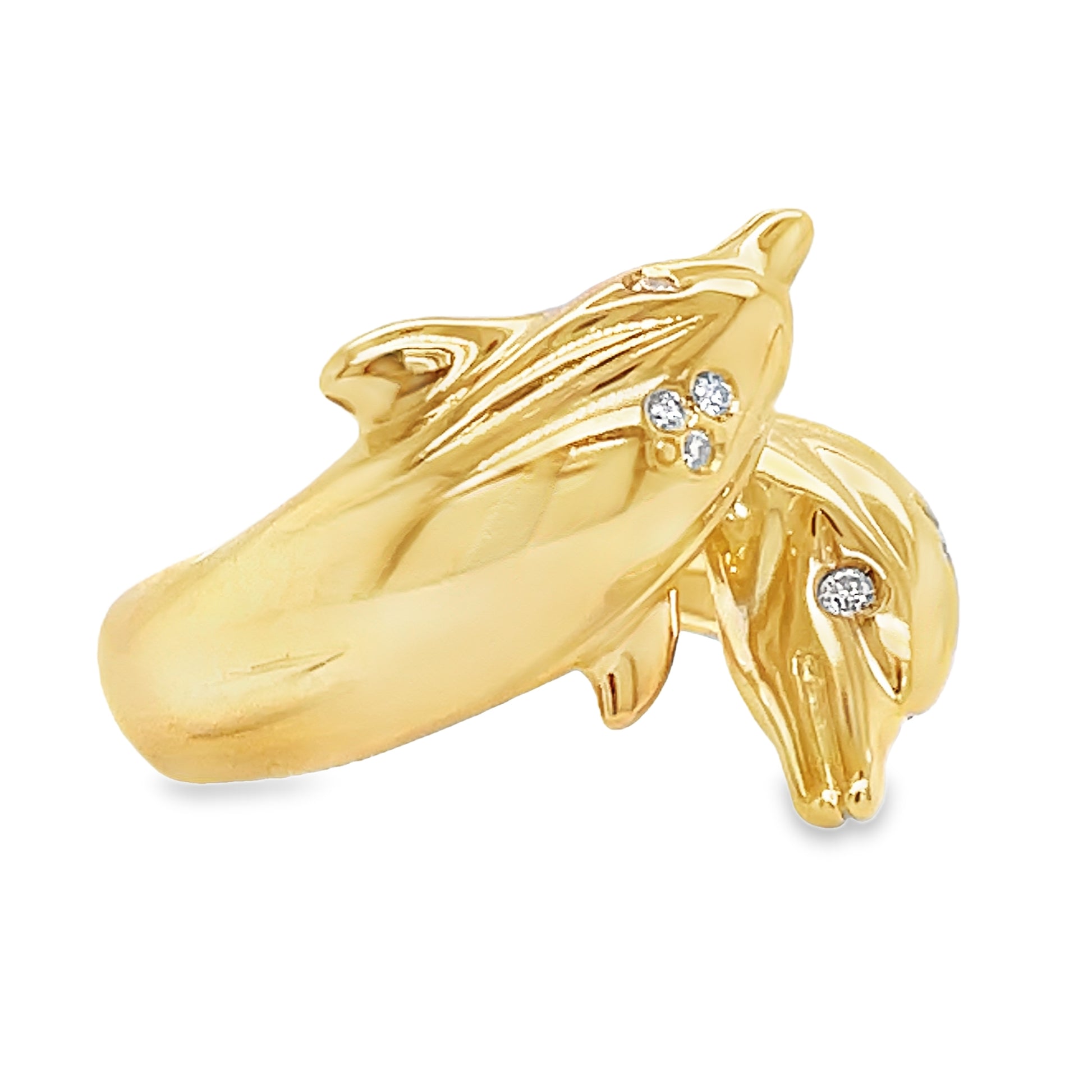 18K Italian Made Large Double Diamond Gold Dolphin Ring Side view