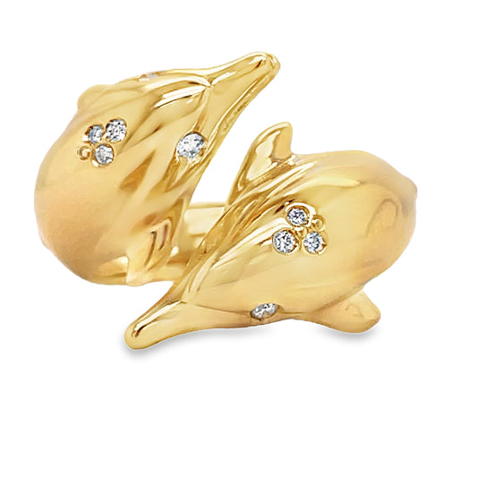 18K Italian Made Large Double Diamond Gold Dolphin Ring Front view