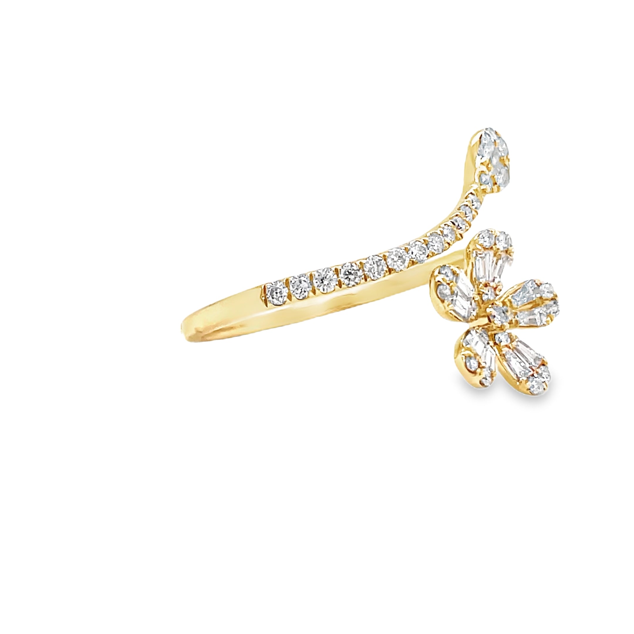 ndulge in luxury with our Mixed Cut Diamond Flower Ring. Crafted from 14k yellow gold, this wrap around ring features a stunning five petal flower adorned with round and baguette diamonds totaling 0.48 carats. Elevate your style with this sophisticated and exclusive piece.