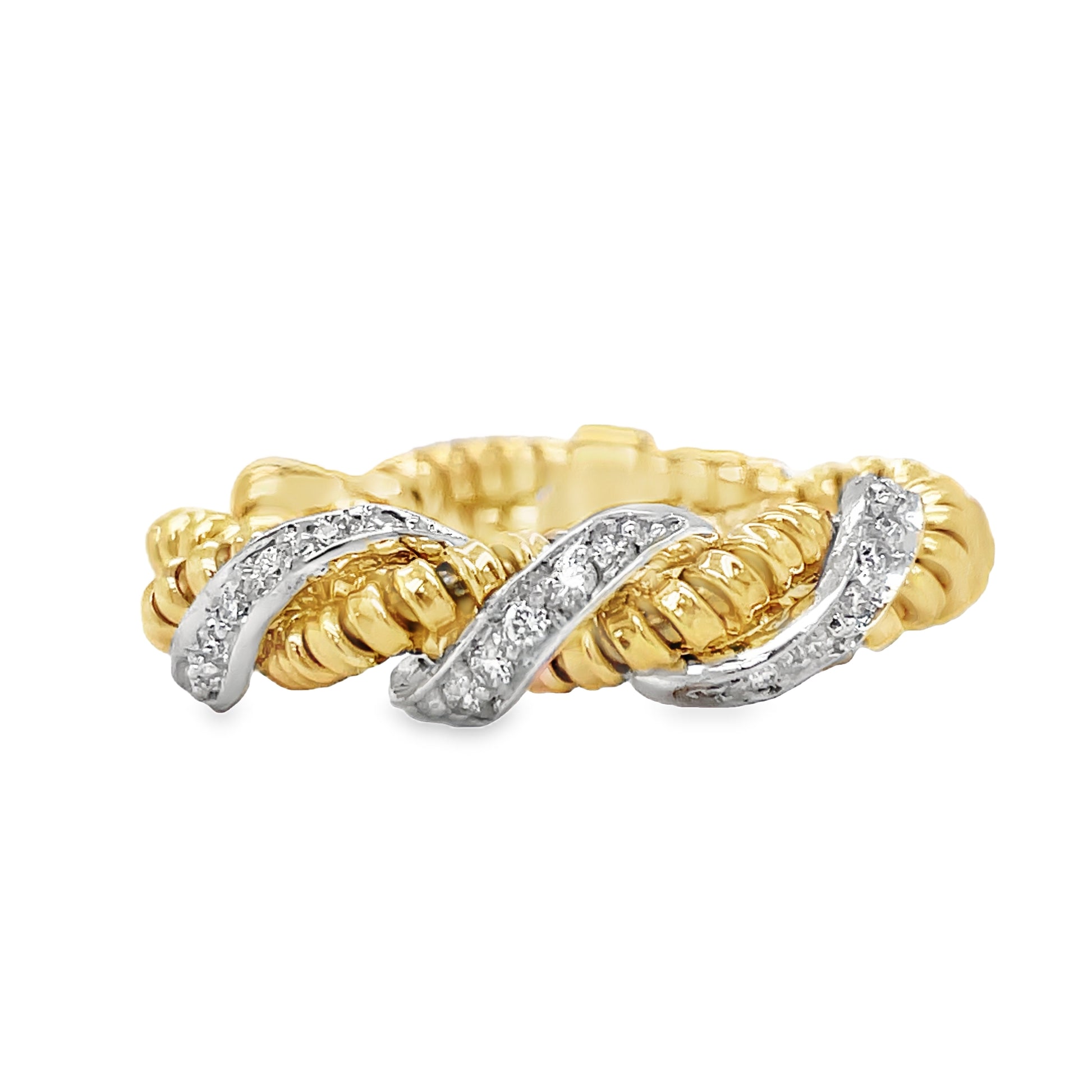 18k Two Tone Italian Gold & Diamond Criss Cross Flexible Ring Front view 