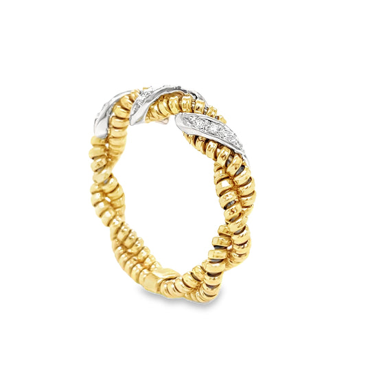 18k Two Tone Italian Gold & Diamond Criss Cross Flexible Ring Side view 