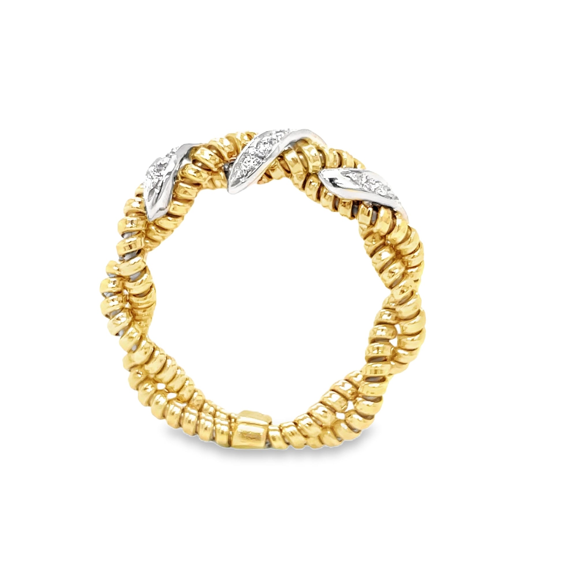 18k Two Tone Italian Gold & Diamond Criss Cross Flexible Ring Front view 