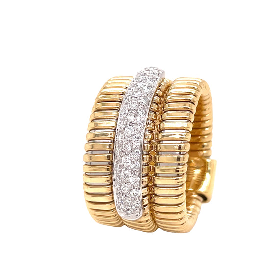 18k Yellow Italian Gold & Diamond Three Row Flexible Ring Side view 