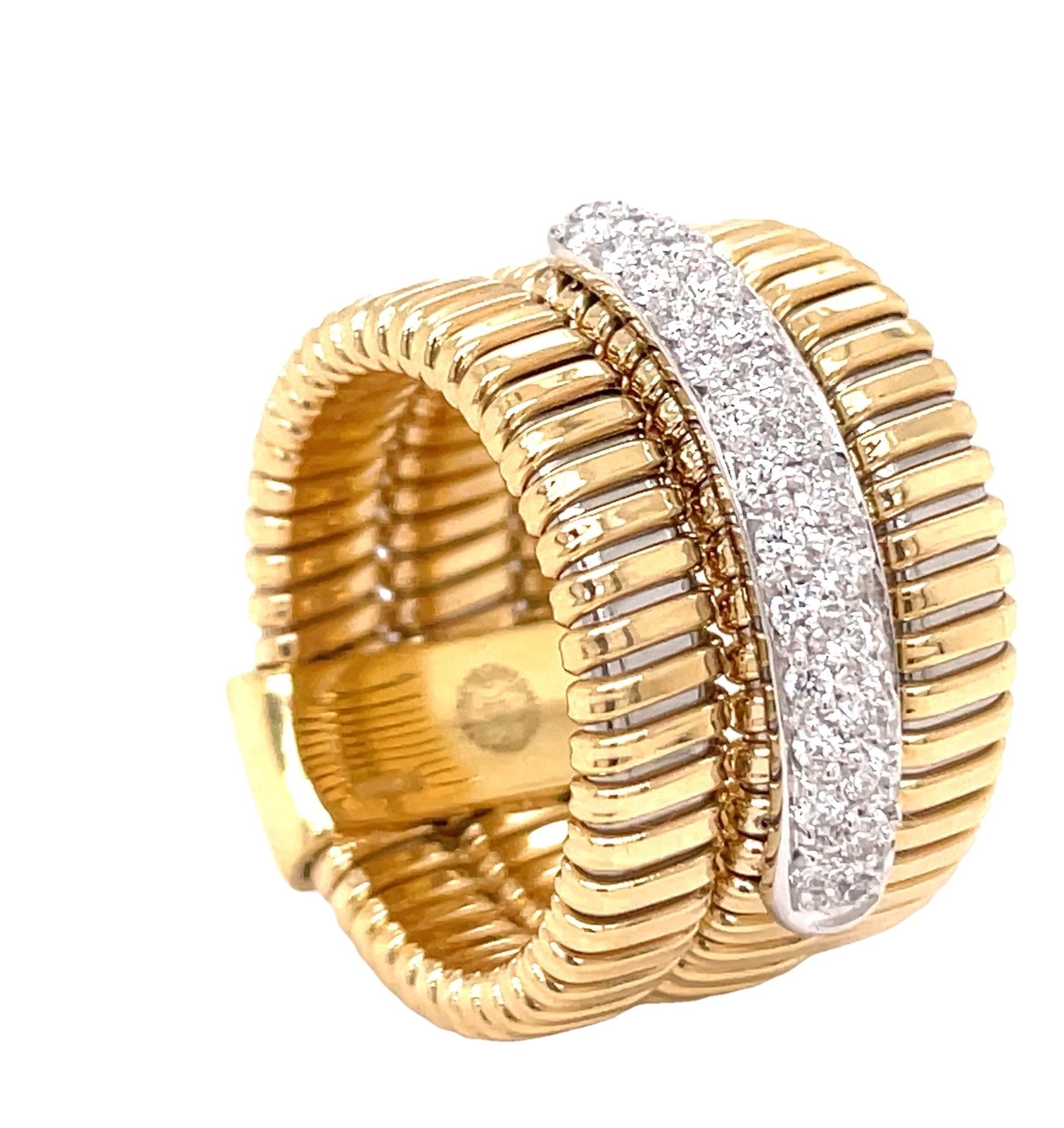 18k Yellow Italian Gold & Diamond Three Row Flexible Ring Side view 