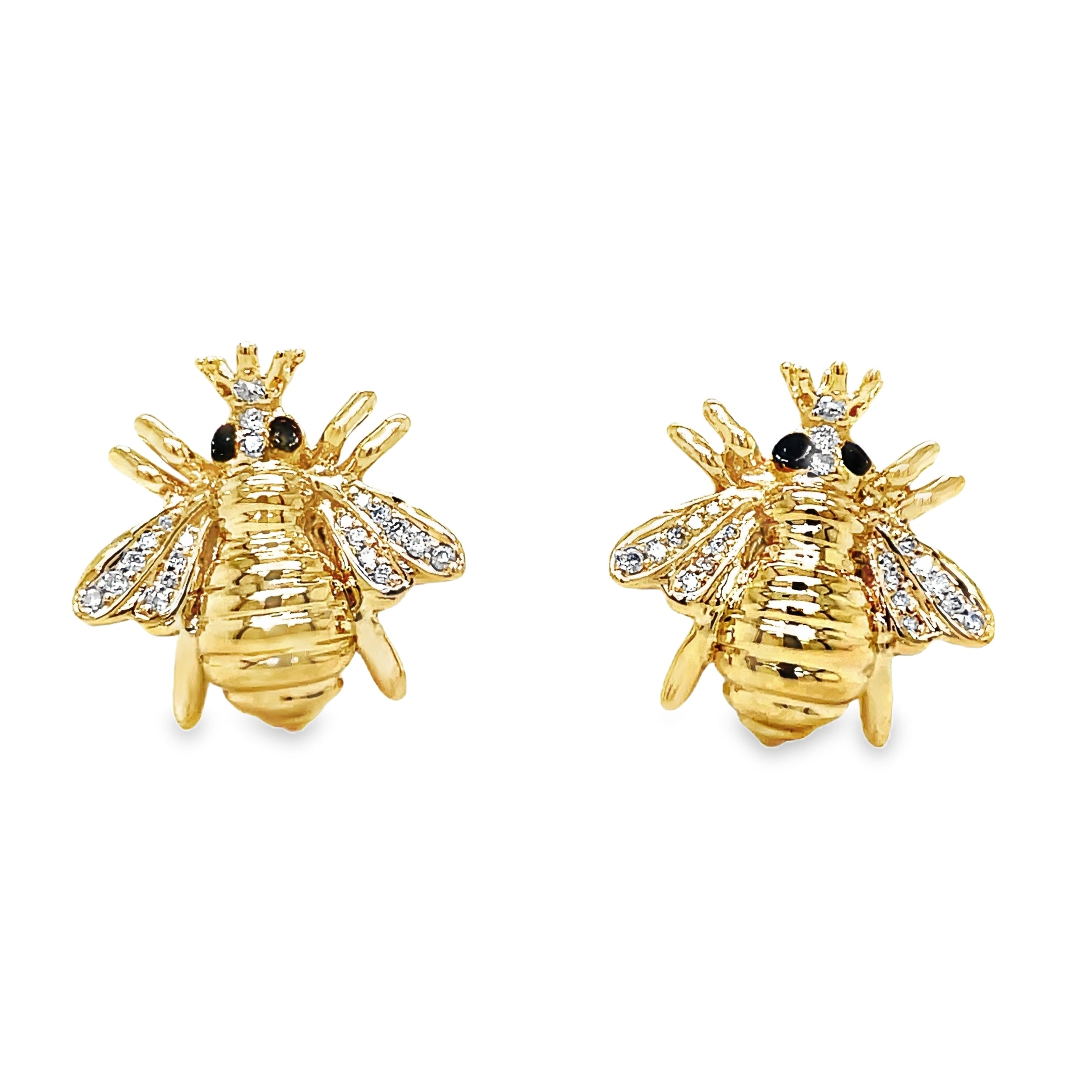 Indulge in exquisite luxury with our 14k Yellow Gold Diamond Queen Bee Earrings. Crafted from premium 14k gold, these bee stud earrings feature a charming 14.00 mm size adorned with sparkling 0.12 ct round diamonds. Effortlessly secure them with smooth friction backs for a truly elegant and exclusive look.