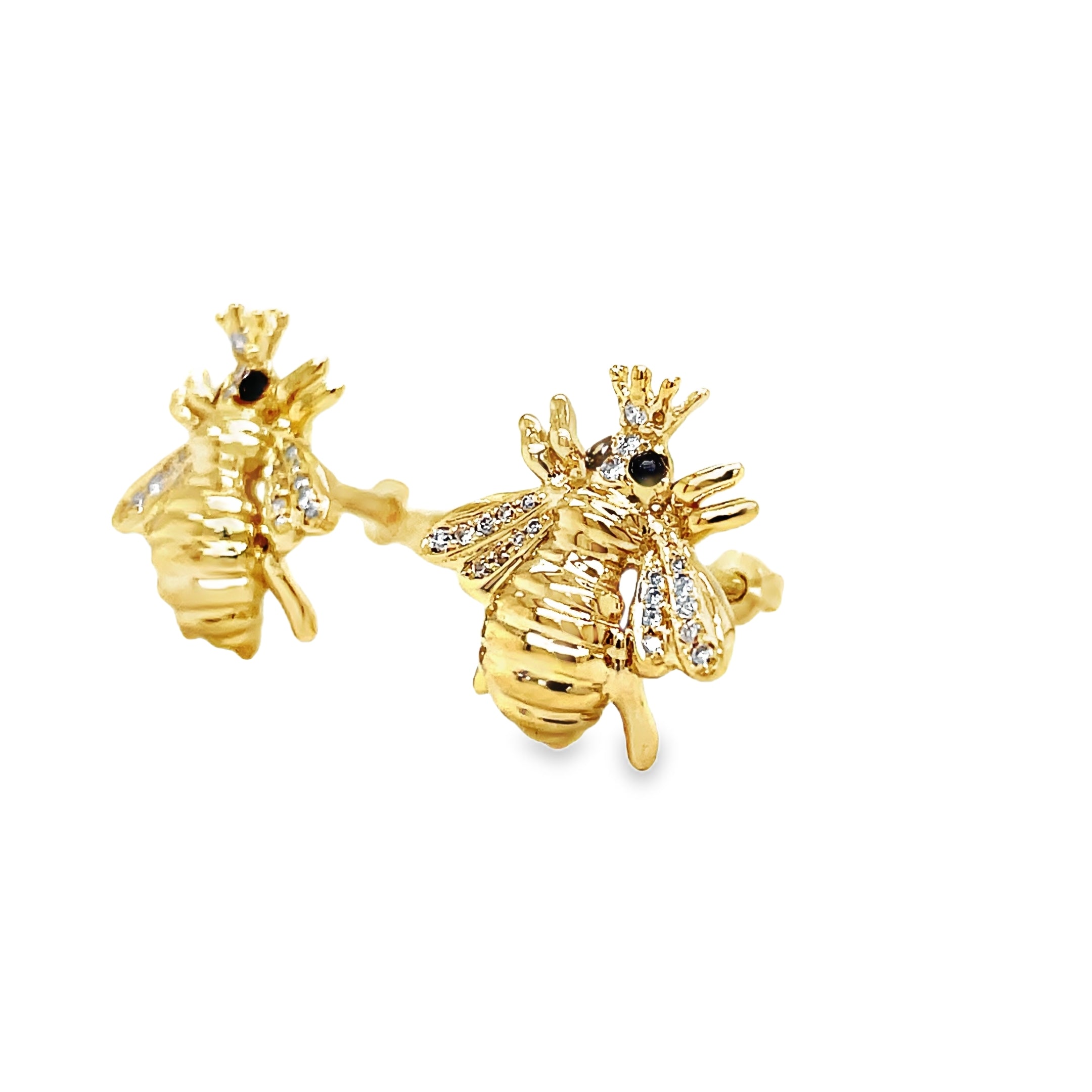 Indulge in exquisite luxury with our 14k Yellow Gold Diamond Queen Bee Earrings. Crafted from premium 14k gold, these bee stud earrings feature a charming 14.00 mm size adorned with sparkling 0.12 ct round diamonds. Effortlessly secure them with smooth friction backs for a truly elegant and exclusive look.