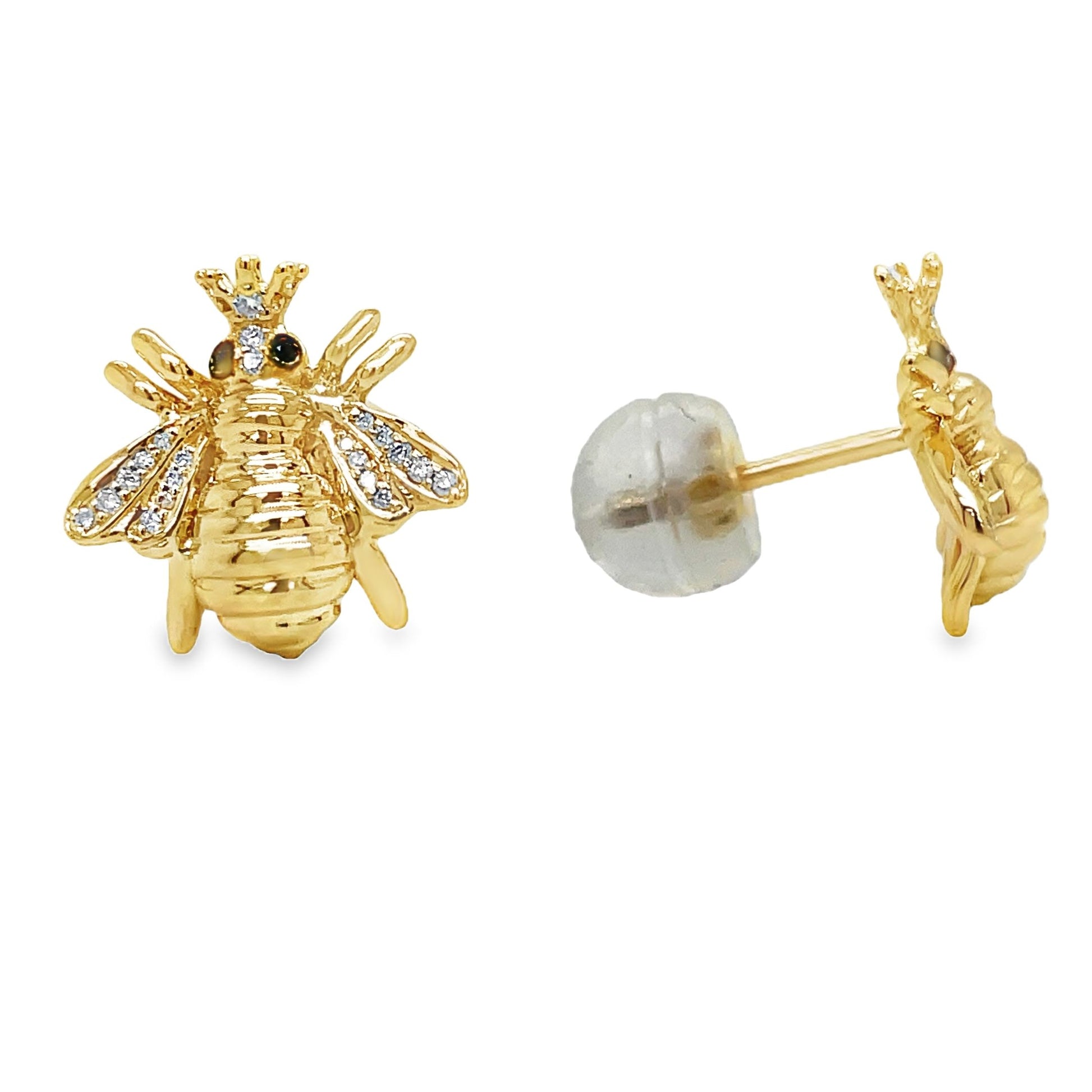 14k Yellow Gold Diamond Queen Bee Earrings Front and Side View