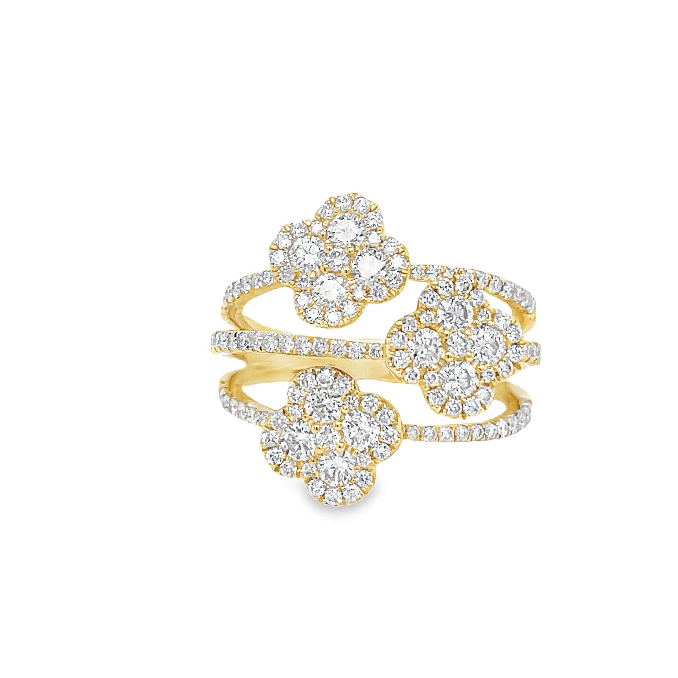 Indulge in the luxurious elegance of our Triple Flower Diamond Ring. Featuring a stunning 1.44 carat round diamond set in 18k yellow gold, this triple cross over ring will add a touch of sophistication and charm to any ensemble. Enhance your style and make a statement with this exquisite piece.