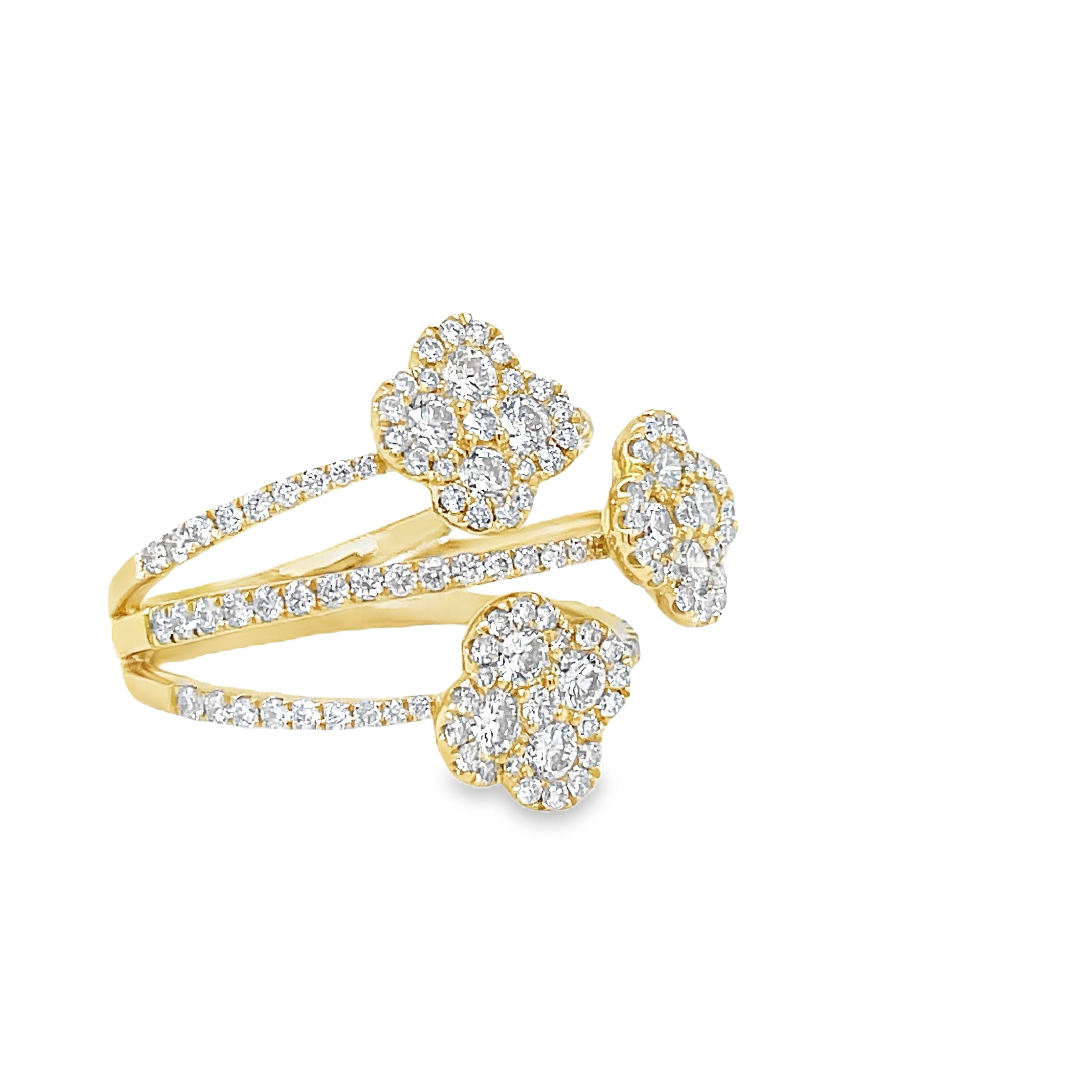 Indulge in the luxurious elegance of our Triple Flower Diamond Ring. Featuring a stunning 1.44 carat round diamond set in 18k yellow gold, this triple cross over ring will add a touch of sophistication and charm to any ensemble. Enhance your style and make a statement with this exquisite piece.