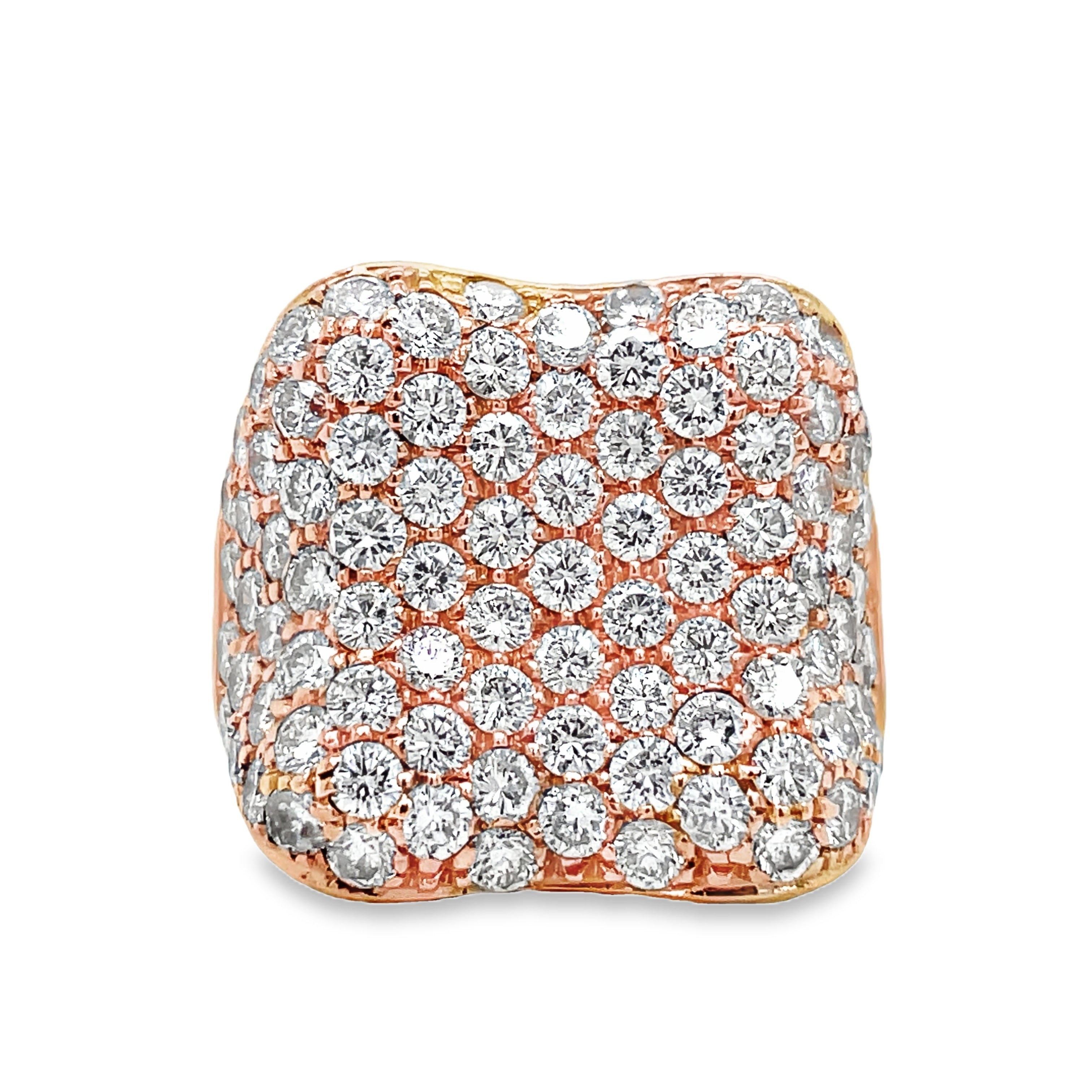 levate your style with our Italian-made Diamond Pave Cocktail Wide Rose Gold Ring. Crafted from luxurious 18k rose gold, this masterpiece features a stunning diamond pave setting of 3.37 carats. With a gallery finish, this ring radiates sophistication and elegance. Upgrade your jewelry collection today.