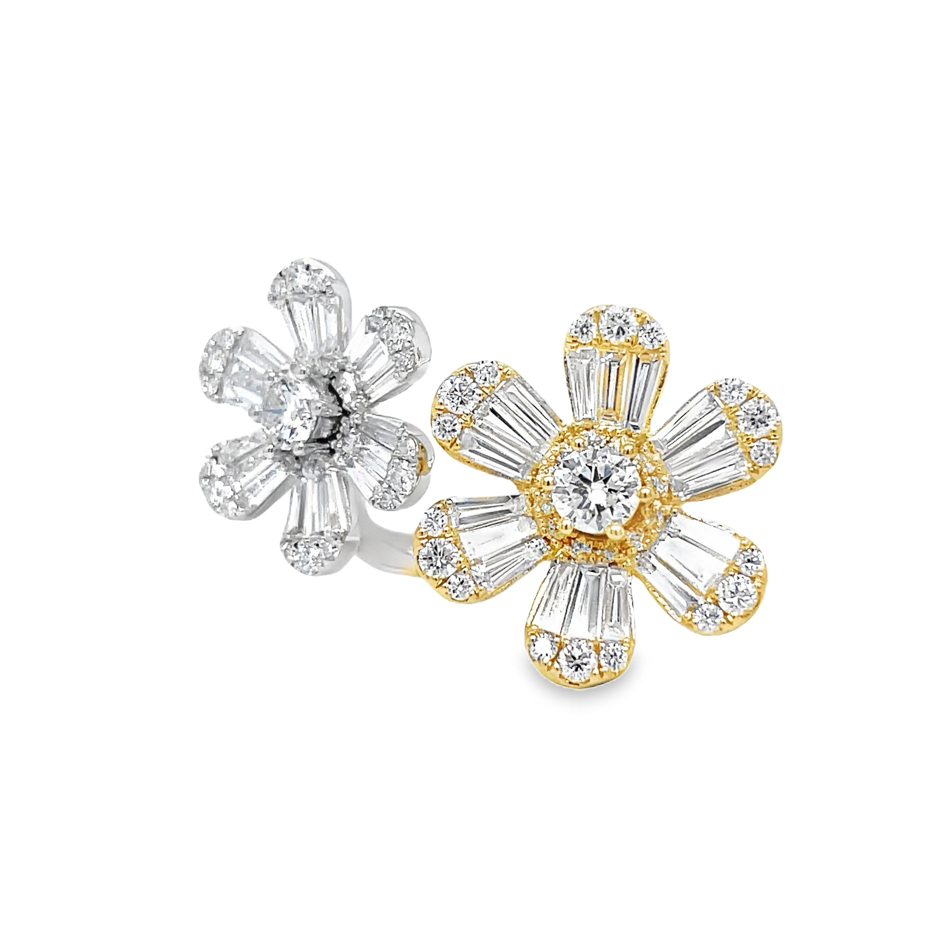 This stunning 18k two tone ring features a mesmerizing mix cut of round and baguette diamonds totaling 2.02 carats. The unique daisy flower style adds a touch of nature's beauty to this luxurious piece. Elevate your style with this exquisite floating double daisy flower ring.