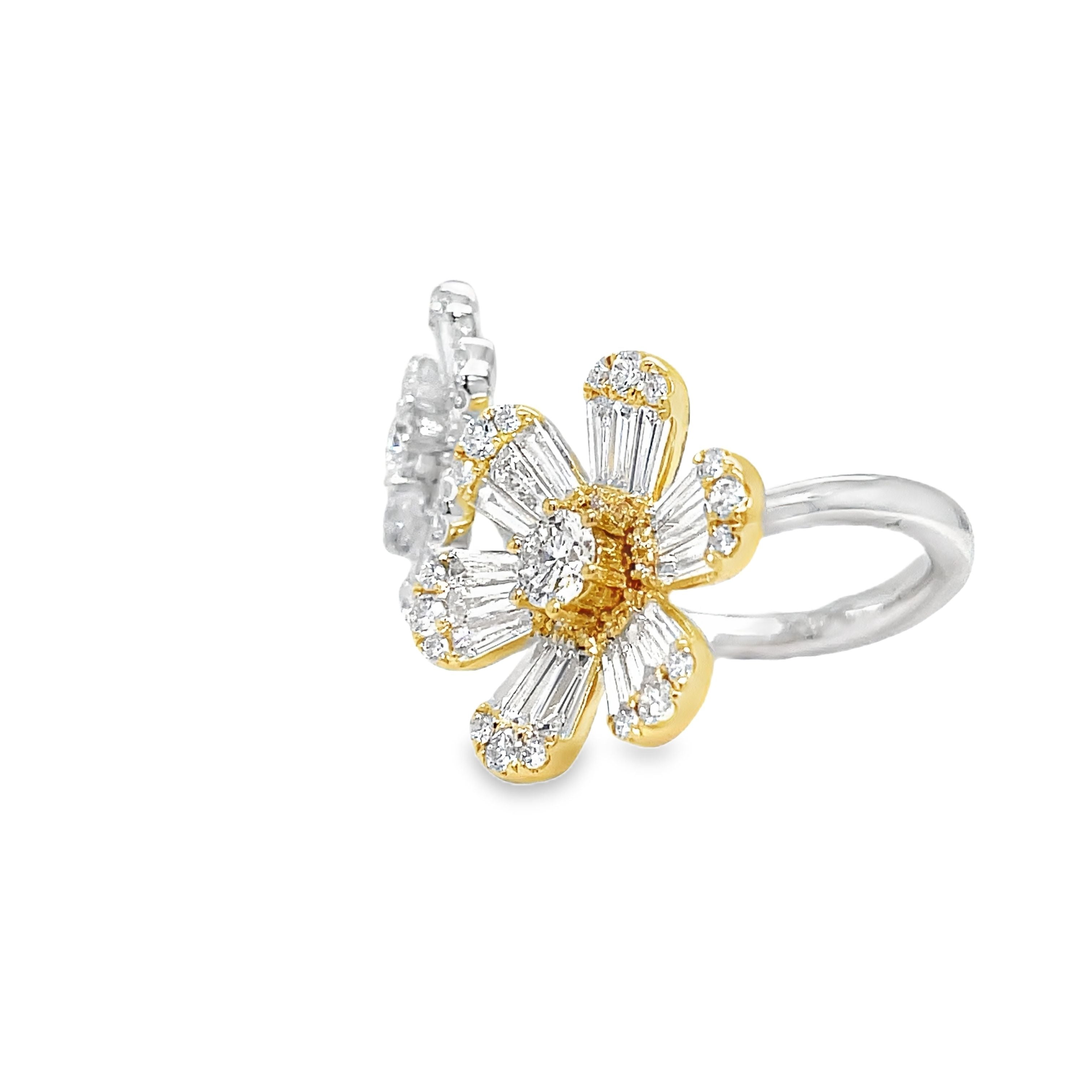 This stunning 18k two tone ring features a mesmerizing mix cut of round and baguette diamonds totaling 2.02 carats. The unique daisy flower style adds a touch of nature's beauty to this luxurious piece. Elevate your style with this exquisite floating double daisy flower ring.