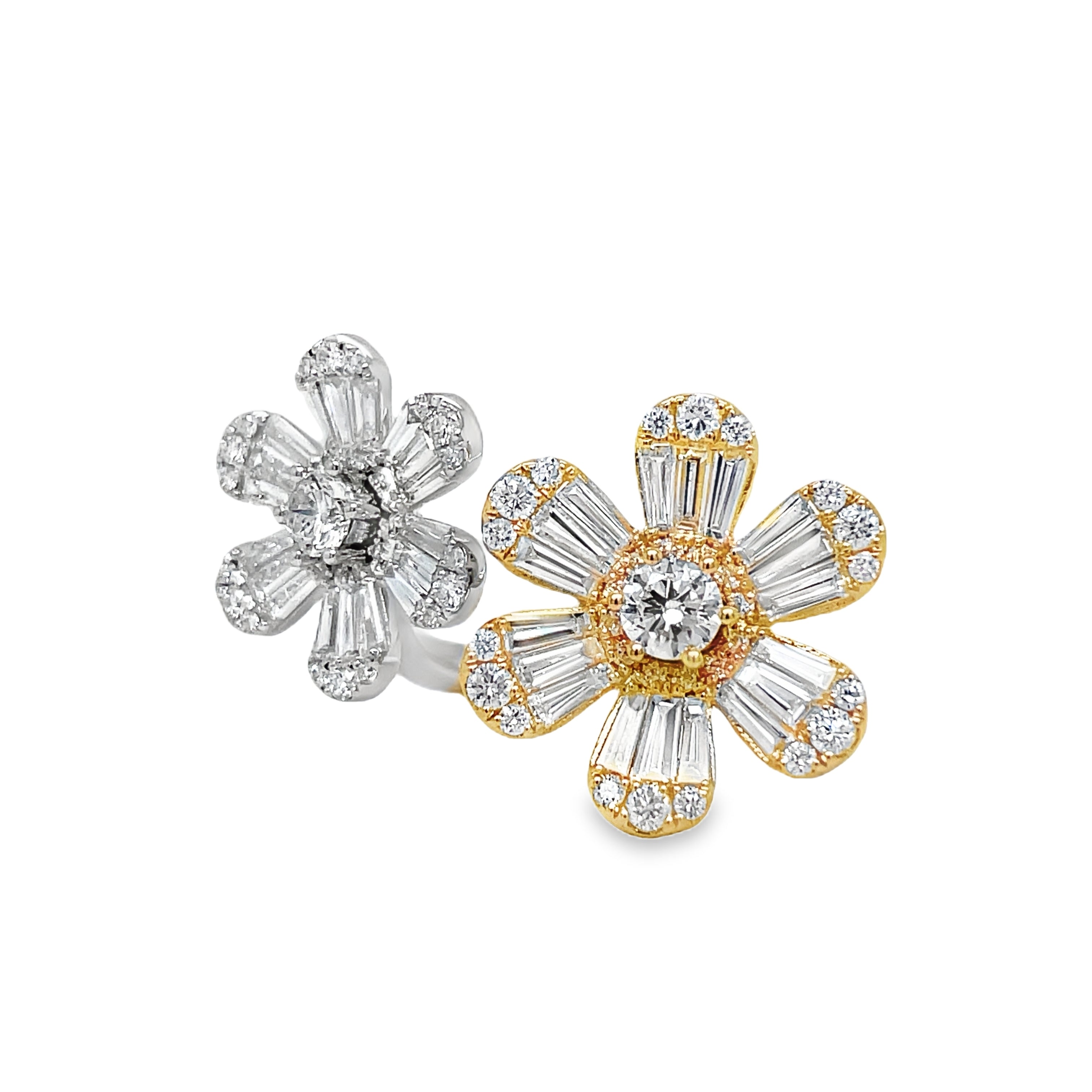 This stunning 18k two tone ring features a mesmerizing mix cut of round and baguette diamonds totaling 2.02 carats. The unique daisy flower style adds a touch of nature's beauty to this luxurious piece. Elevate your style with this exquisite floating double daisy flower ring.