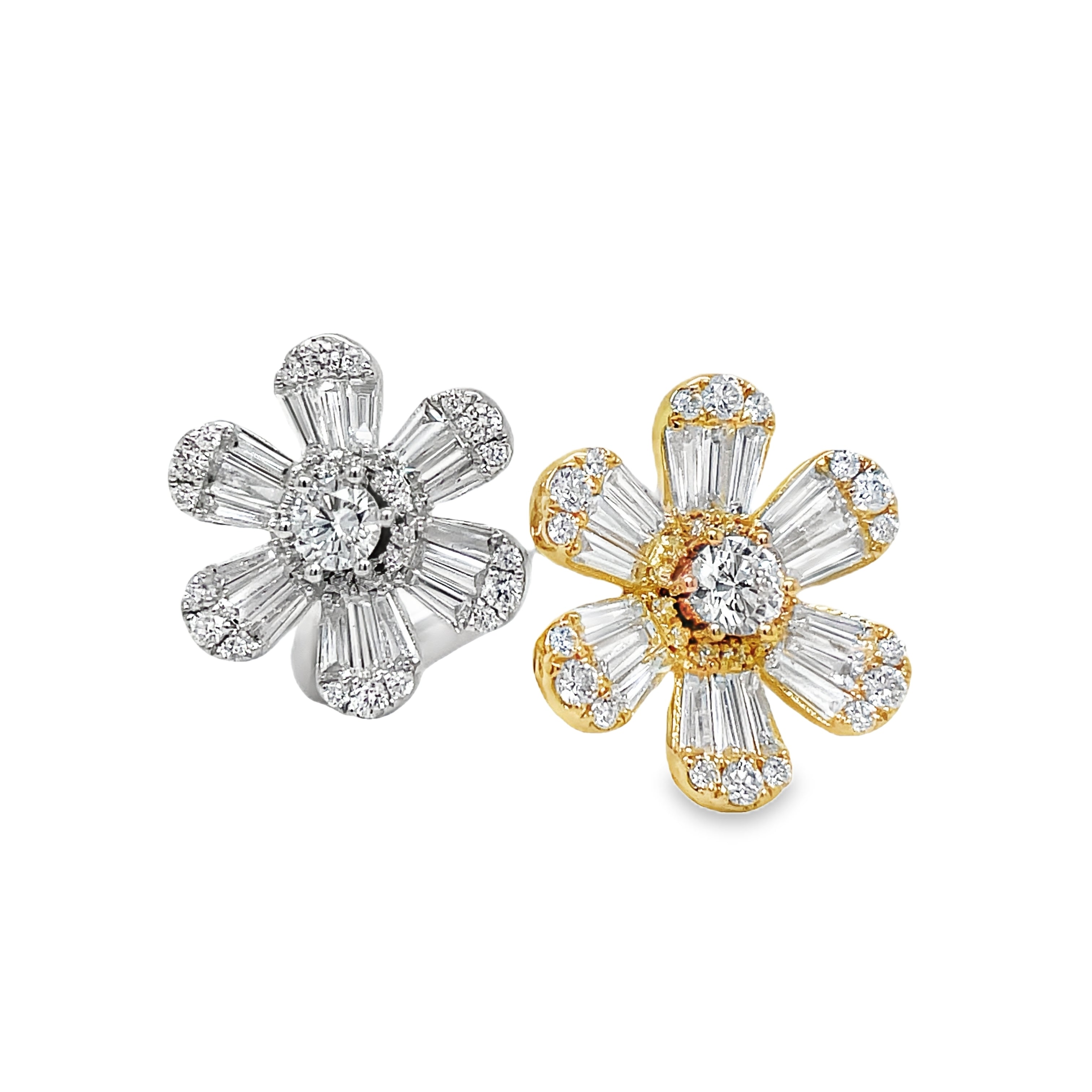 This stunning 18k two tone ring features a mesmerizing mix cut of round and baguette diamonds totaling 2.02 carats. The unique daisy flower style adds a touch of nature's beauty to this luxurious piece. Elevate your style with this exquisite floating double daisy flower ring.