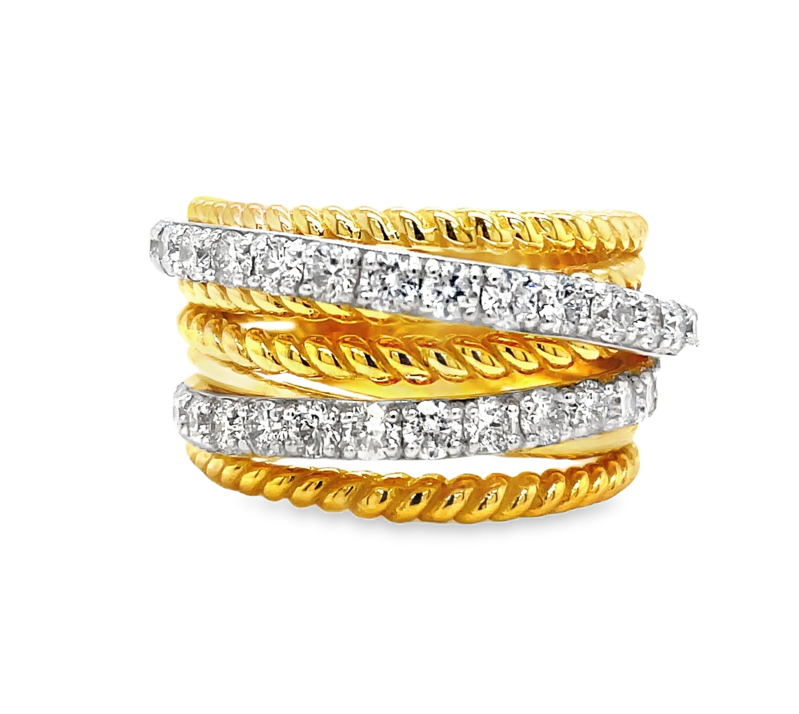 Indulge in opulence with our Gold Two Tone Braided Diamond Ring. Crafted with Italian precision, this exquisite piece features gleaming white and yellow gold intertwined in a breathtaking braid design, adorned with sparkling diamonds. Elevate your style with this luxurious statement ring.