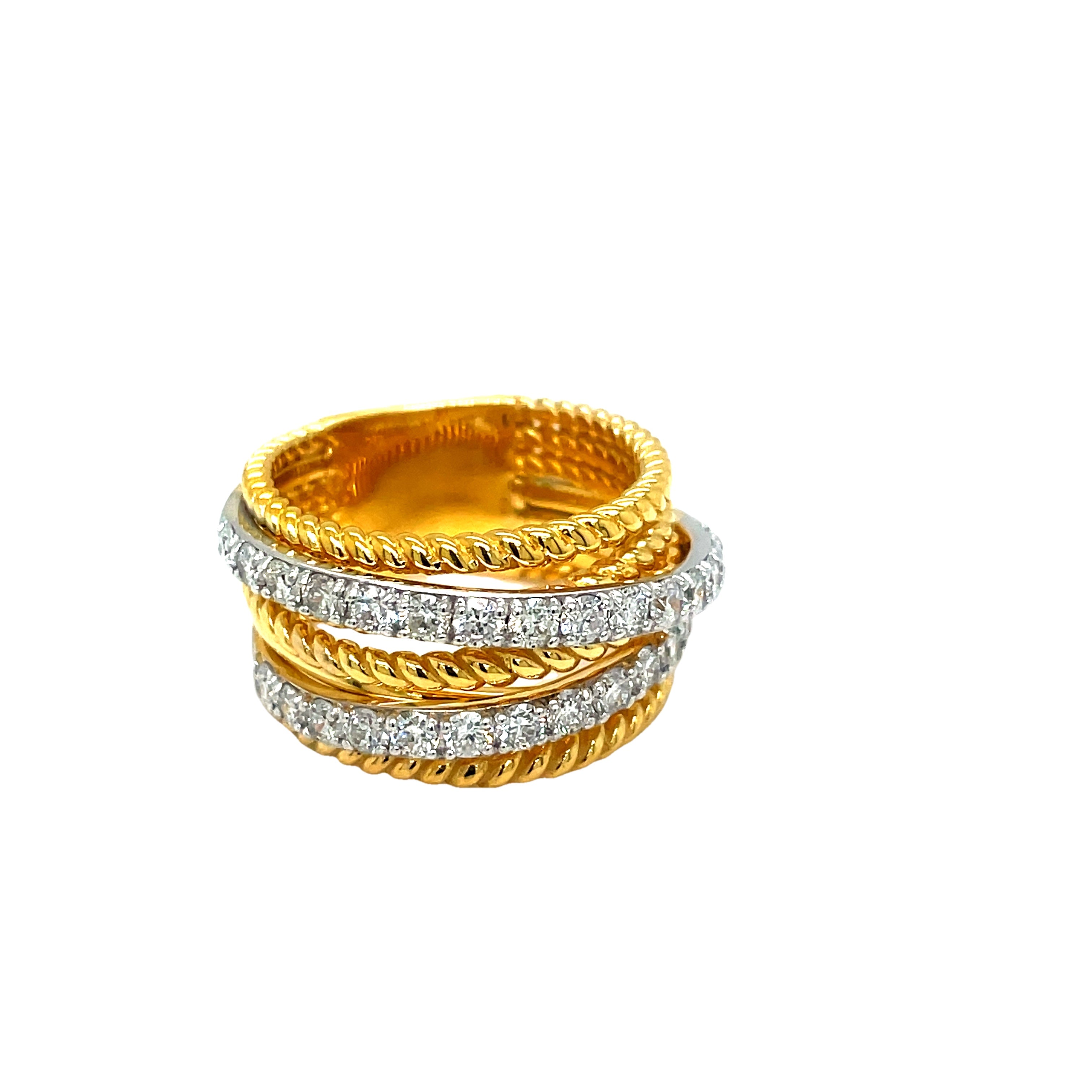 Indulge in opulence with our Gold Two Tone Braided Diamond Ring. Crafted with Italian precision, this exquisite piece features gleaming white and yellow gold intertwined in a breathtaking braid design, adorned with sparkling diamonds. Elevate your style with this luxurious statement ring.