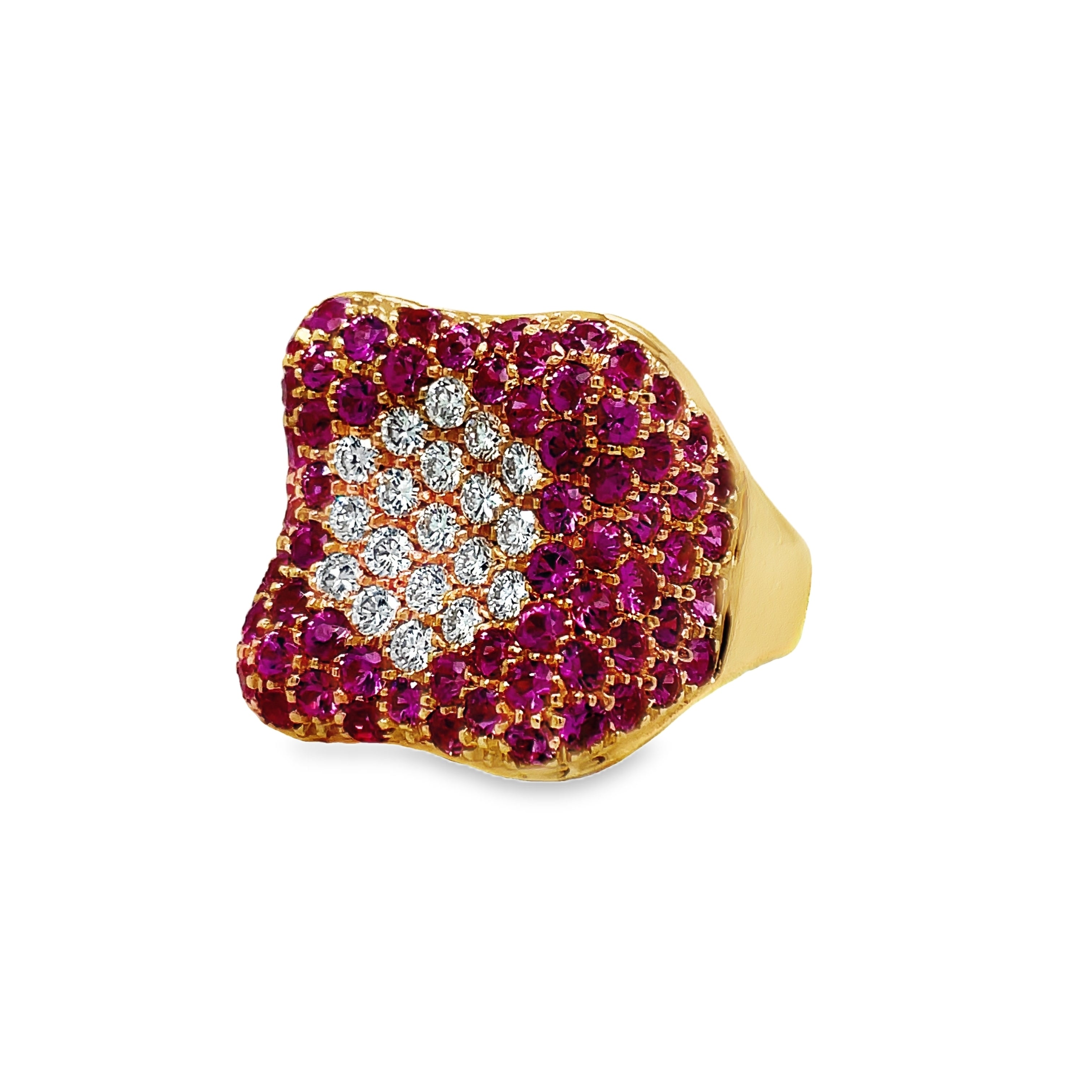 Indulge in luxury with our Italian-crafted Pink Sapphire and Diamond Pave Cocktail Wide Rose Gold Ring. Made with 18k rose gold, this wide fashion ring boasts a stunning 2.66 carats of pink sapphires and 0.50 carats of round diamonds, expertly pave-set for a glamorous and sophisticated look. Elevate your style with this exclusive and elegant piece.