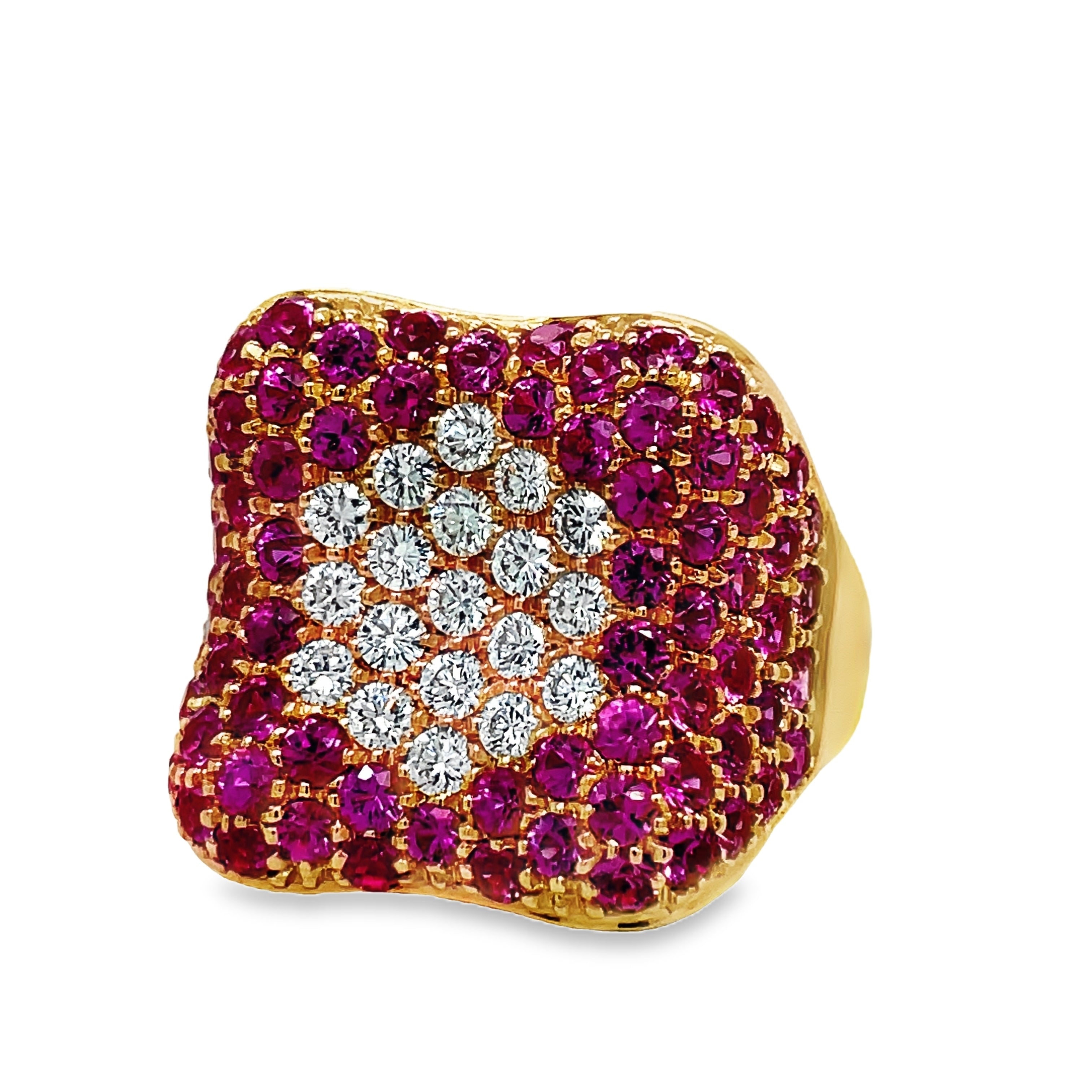 Indulge in luxury with our Italian-crafted Pink Sapphire and Diamond Pave Cocktail Wide Rose Gold Ring. Made with 18k rose gold, this wide fashion ring boasts a stunning 2.66 carats of pink sapphires and 0.50 carats of round diamonds, expertly pave-set for a glamorous and sophisticated look. Elevate your style with this exclusive and elegant piece.