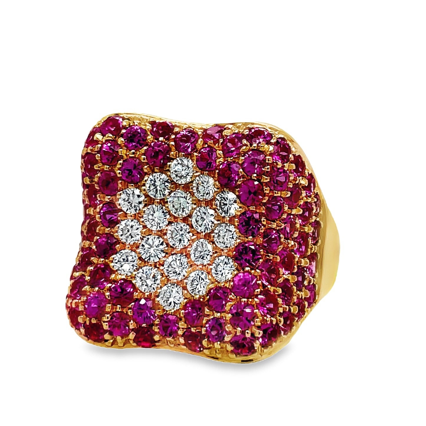 Pink Sapphire and Diamond Pave Cocktail Wide Rose Gold Ring Side view