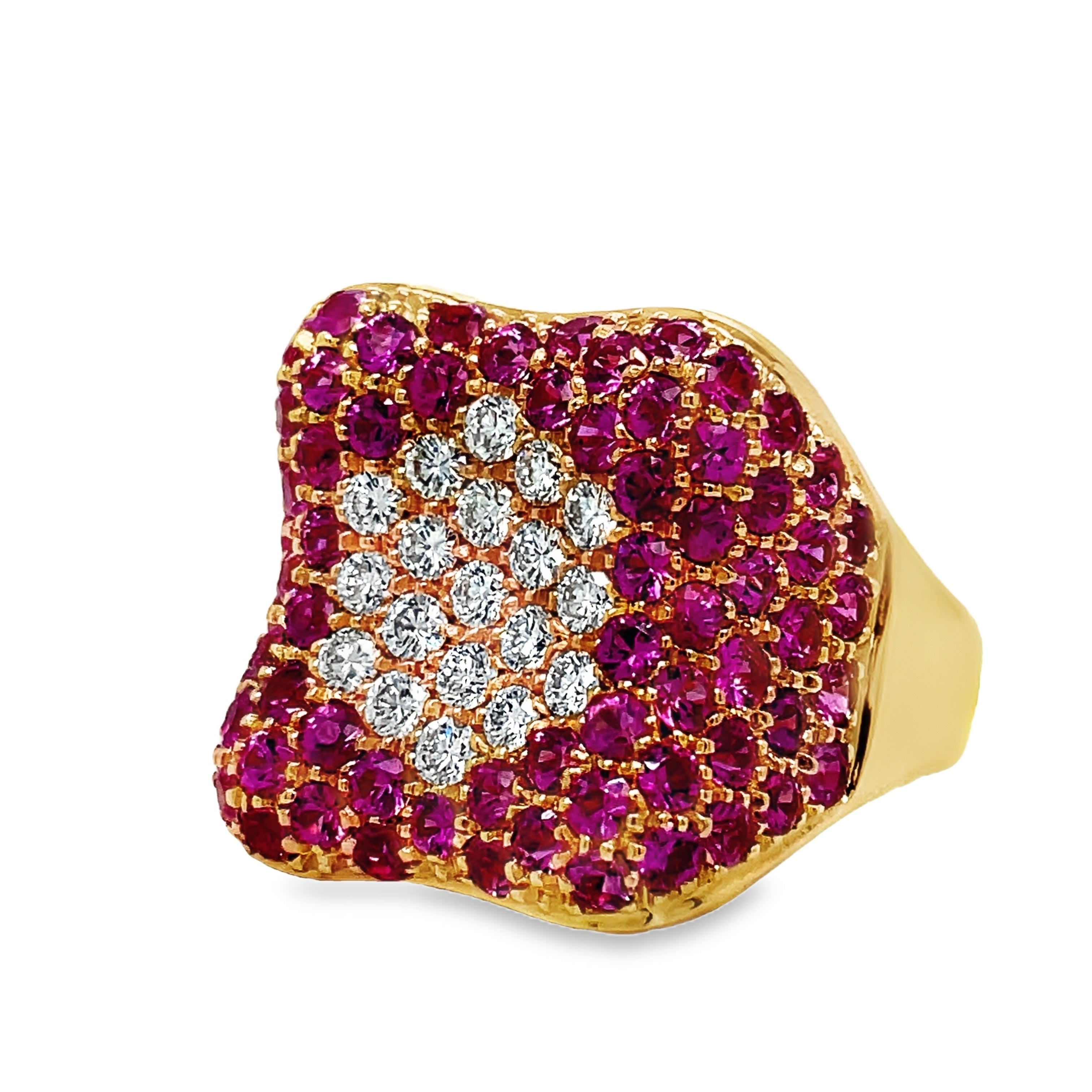 Indulge in luxury with our Italian-crafted Pink Sapphire and Diamond Pave Cocktail Wide Rose Gold Ring. Made with 18k rose gold, this wide fashion ring boasts a stunning 2.66 carats of pink sapphires and 0.50 carats of round diamonds, expertly pave-set for a glamorous and sophisticated look. Elevate your style with this exclusive and elegant piece.