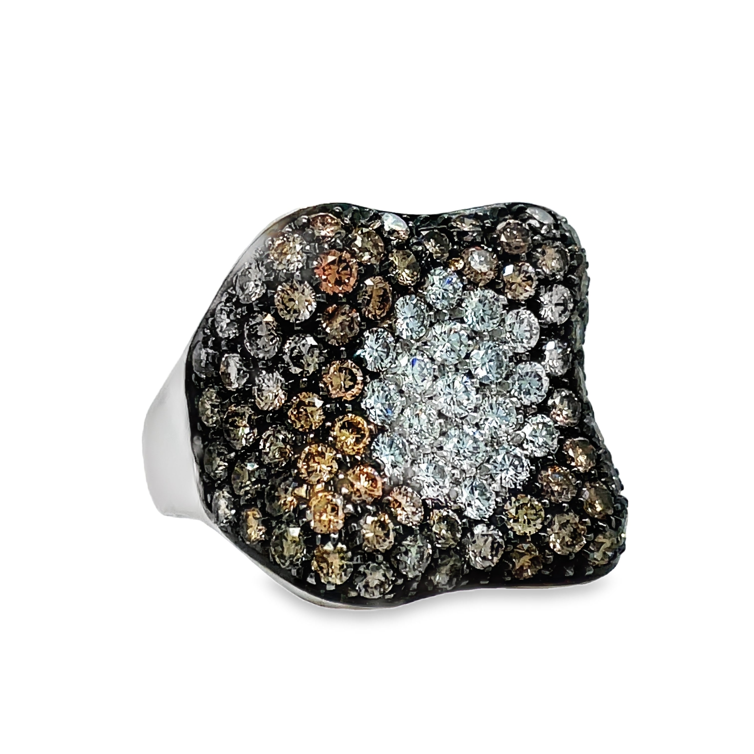 Indulge in the ultimate luxury with our Italian-made Black and White Diamond Pave Cocktail Wide White Gold Ring. Crafted from 18k white gold and adorned with 3.23 cts of black round diamonds and 0.62 cts of white round diamonds, this wide fashion ring exudes sophistication. Don't settle for ordinary, make a statement with our stunning pave set design.